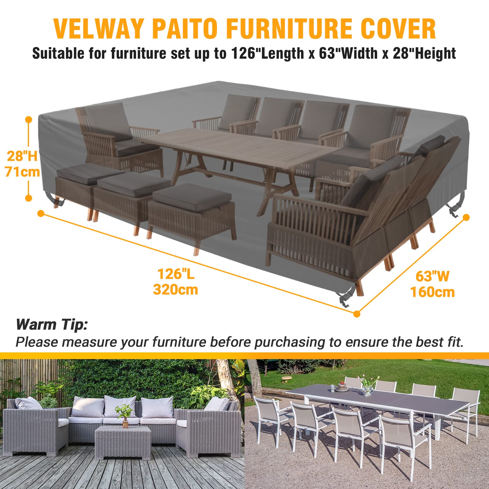 Velway Waterproof Patio Furniture Cover - All Weather Outdoor Sectional Sofa & Table Set Cover, Heavy Duty Oxford Fabric, Tear & Wind Resistant (126x63x28 Inch, Black) for Garden, Deck, and Backyard Protection
