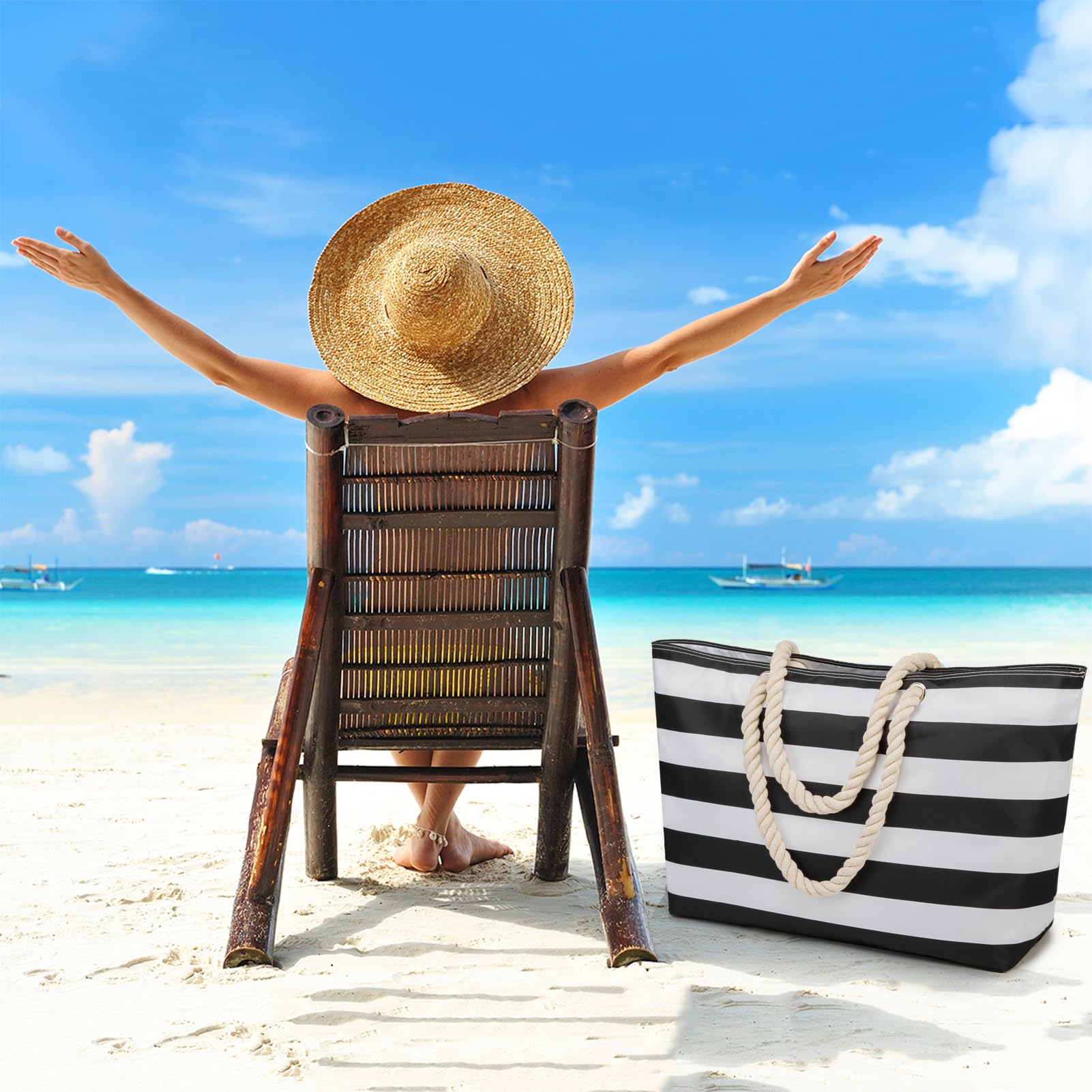 **Large Waterproof Beach Bag for Women - Sandproof Travel Tote with Zipper & Inner Pockets - Perfect for Vacation, Pool, Family Outings & Summer Getaways**