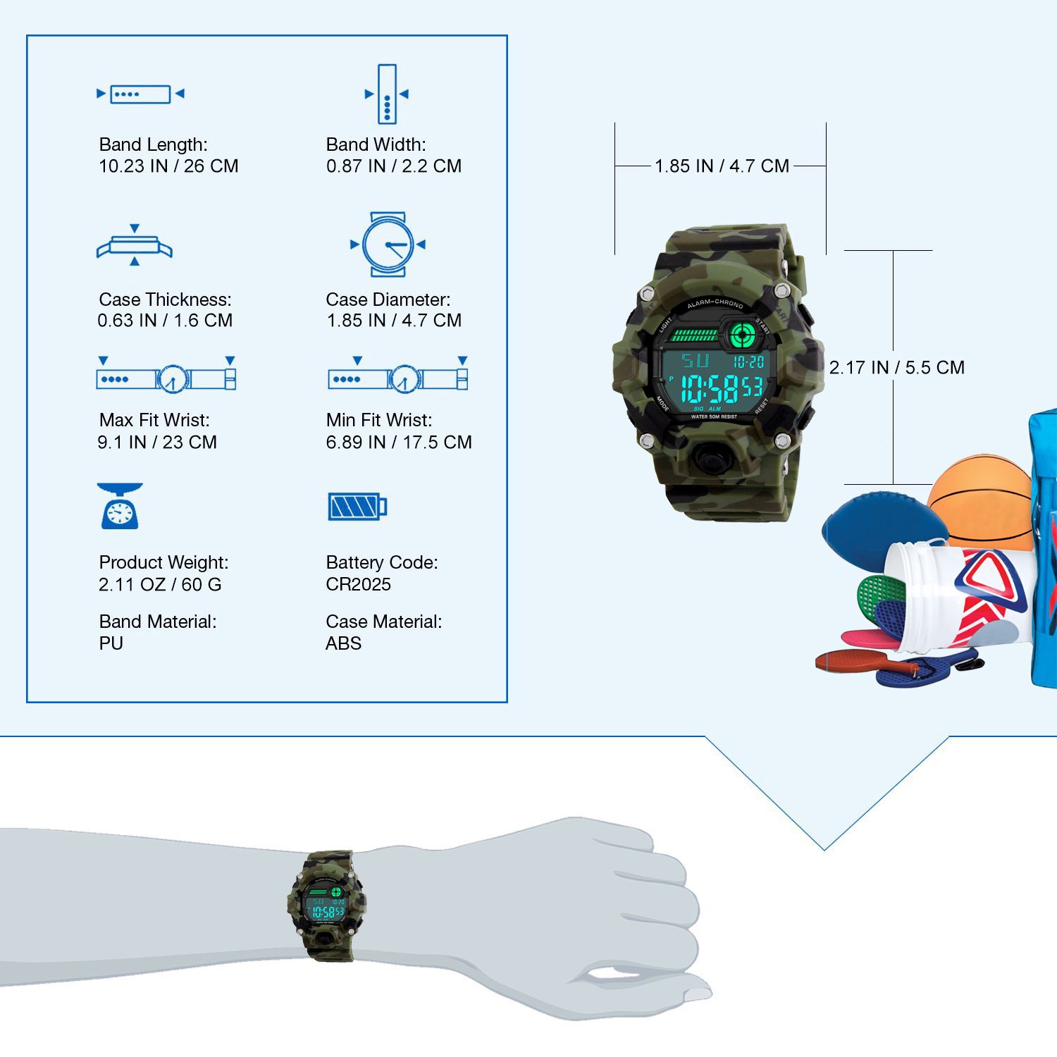 Kids Digital Sports Watch - Military Style Alarm/Timer Waterproof Camo Watch for Boys, Girls, Teens & Men - Perfect for Outdoor Activities, School, Sports & Daily Use by BHGWR