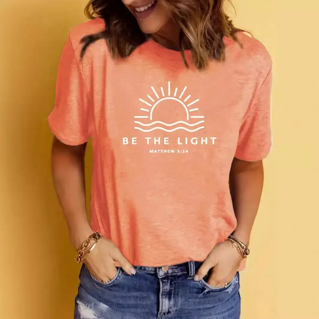 Women's Casual Round Neck 'Be the Light' Graphic T-Shirt - Soft Cotton Tee for Everyday Wear, Street Style & Layering