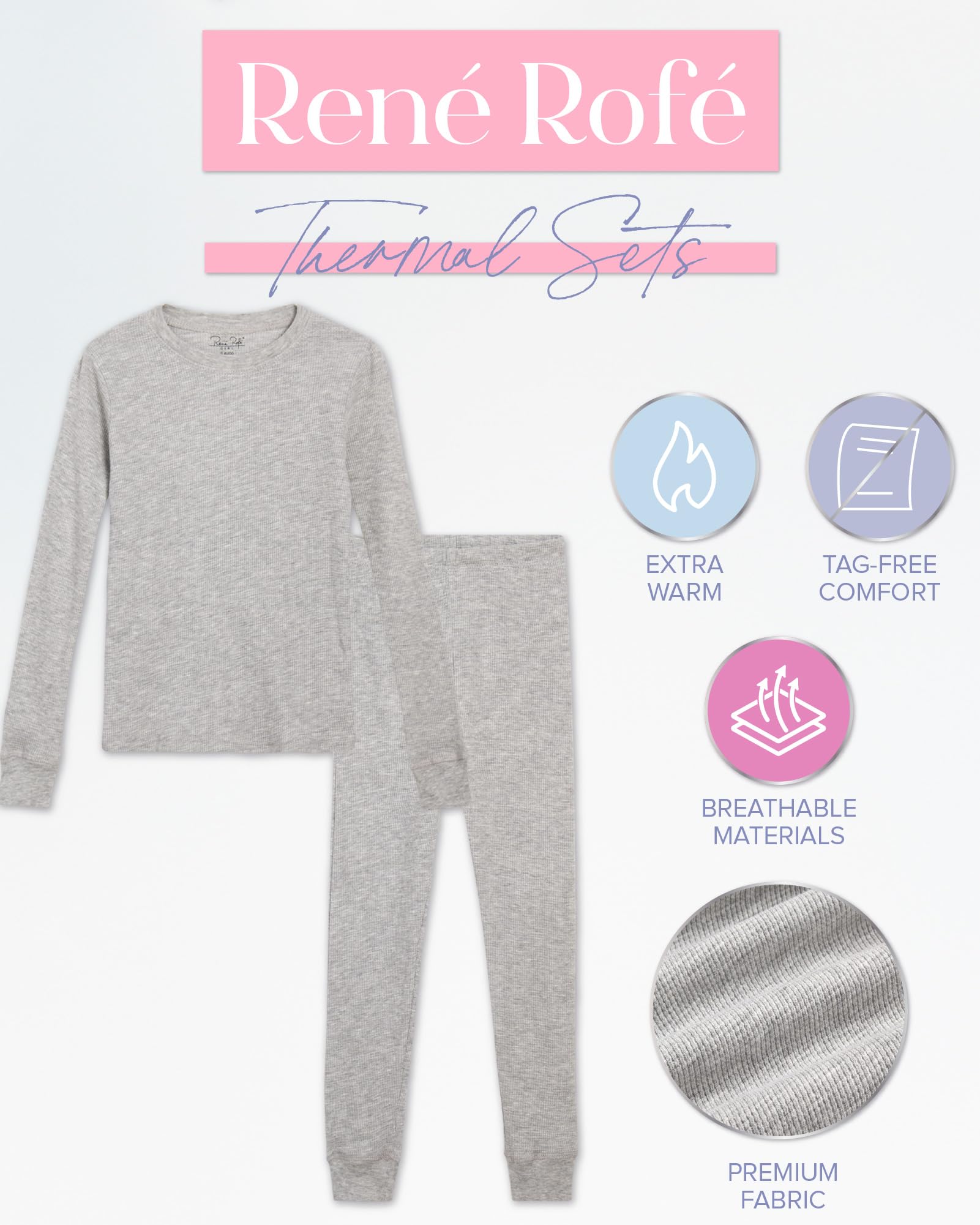 Rene Rofe Girls' Thermal Underwear Set - 4 Piece Waffle Knit Top & Long Johns for Winter (2T-16) | Warm Base Layer for Cold Weather, Snow Play & Outdoor Activities