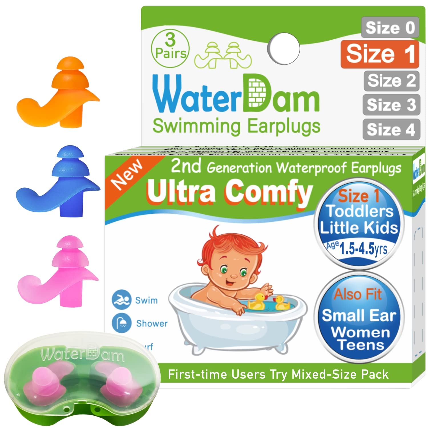 WaterDam Swimming Ear Plugs - Waterproof & Ultra Comfortable Ear Protection for Swimming, Surfing, Showering - Prevent Swimmer's Ear & Water Infections - Perfect for Pool, Beach & Water Sports