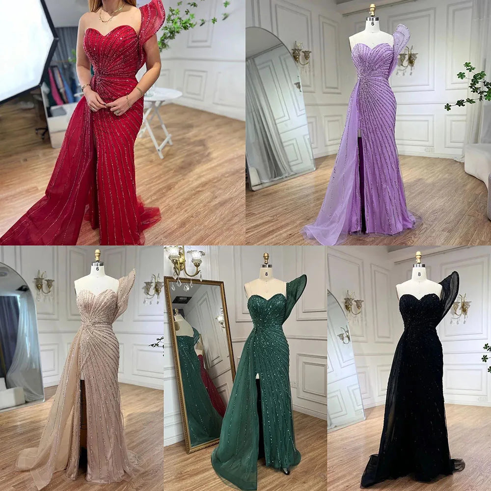 Luxury Dubai Green Mermaid High Split One Shoulder Beaded Evening Dress Gown for Wedding Party LA71779 - Perfect for Prom, Gala, Red Carpet & Formal Events