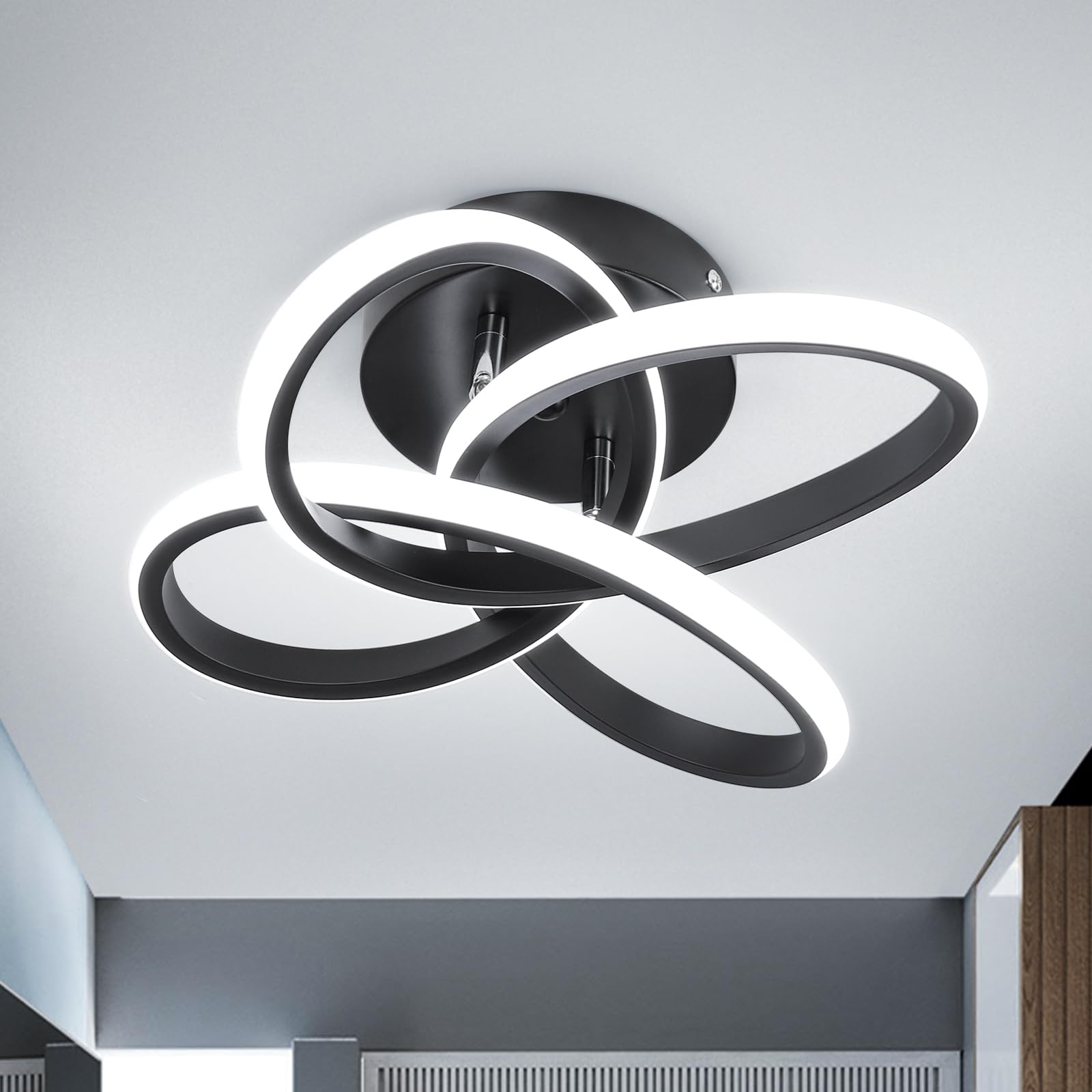 Modern LED Ceiling Light Fixture - Black Flush Mount Hallway Light with Curved Design | Cool White Lighting for Bedroom, Bathroom, Entryway, Balcony & Stairs | Energy-Efficient Indoor Lighting Solution