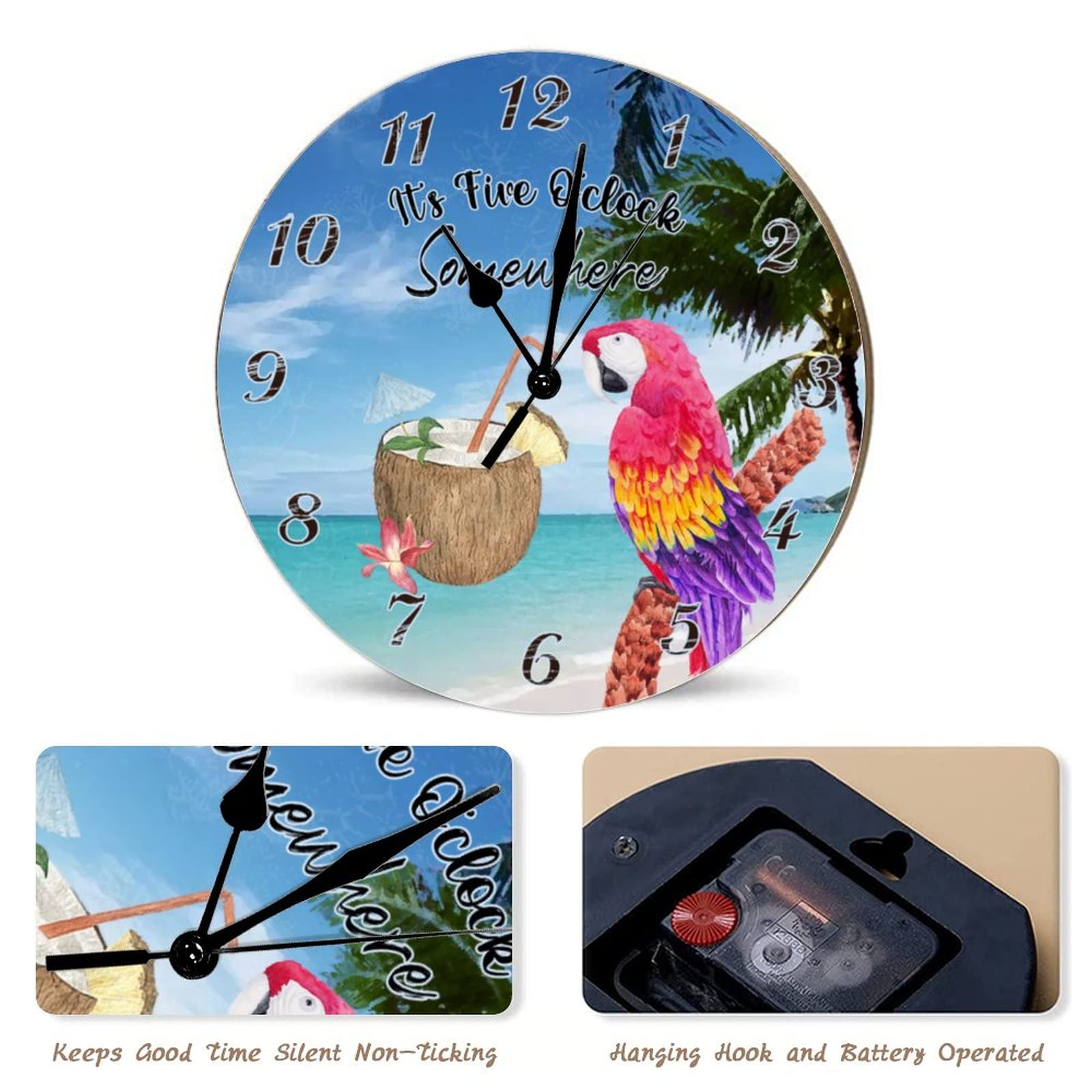 10 Inch Tropical Coconut Parrot Toucan Floral Wall Clock - Silent Battery Operated Wooden Wall Clock with Hawaii Flower Bird Design - Perfect for Beach House Decor, Living Room, Bedroom & Summer Themed Spaces