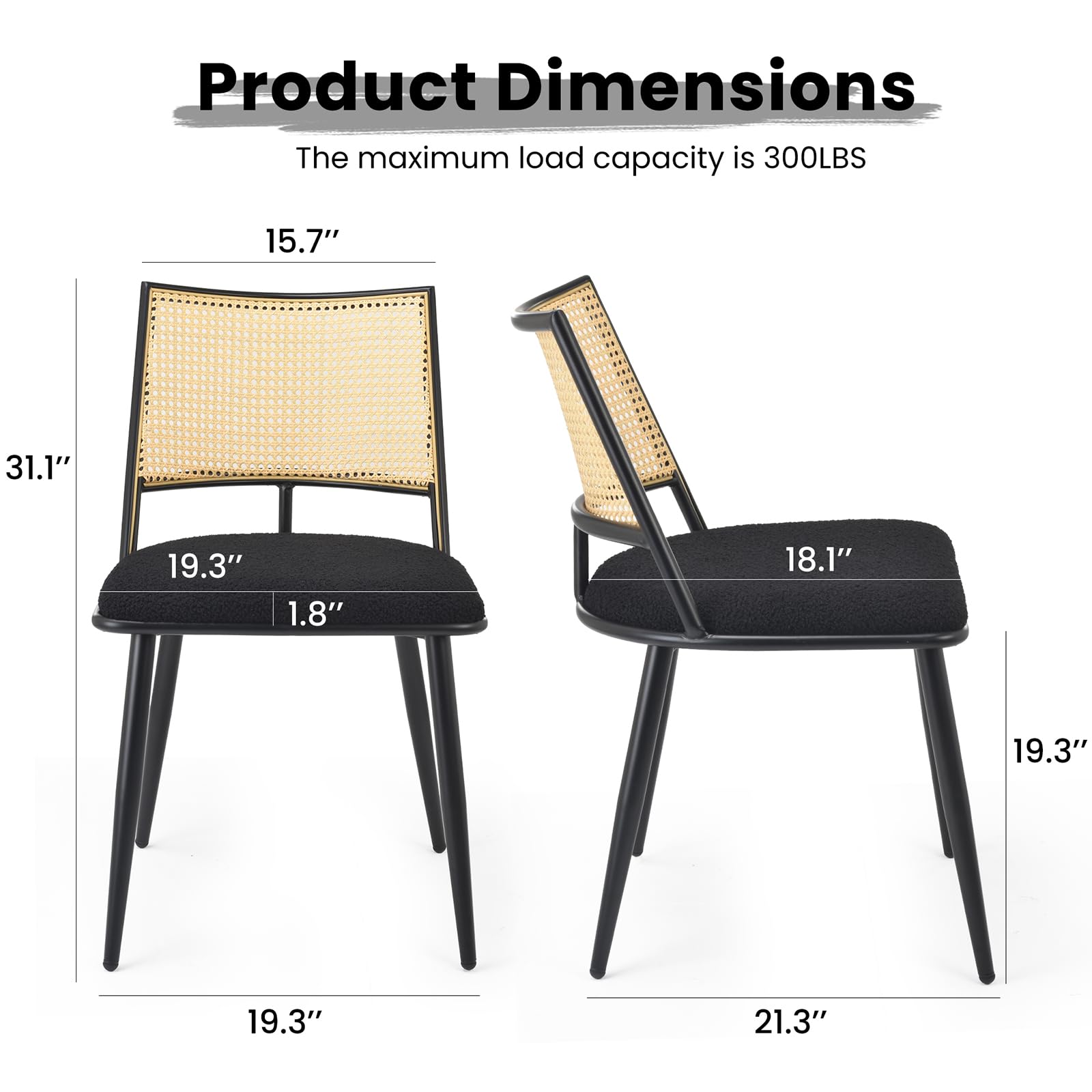 Farini Mid-Century Modern Dining Chairs Set of 2 - Rattan Backrest & Metal Frame Boucle Upholstered Kitchen Chairs for Dining Room, Kitchen, Living Room - Perfect for Small Spaces and Contemporary Home Decor (Black)