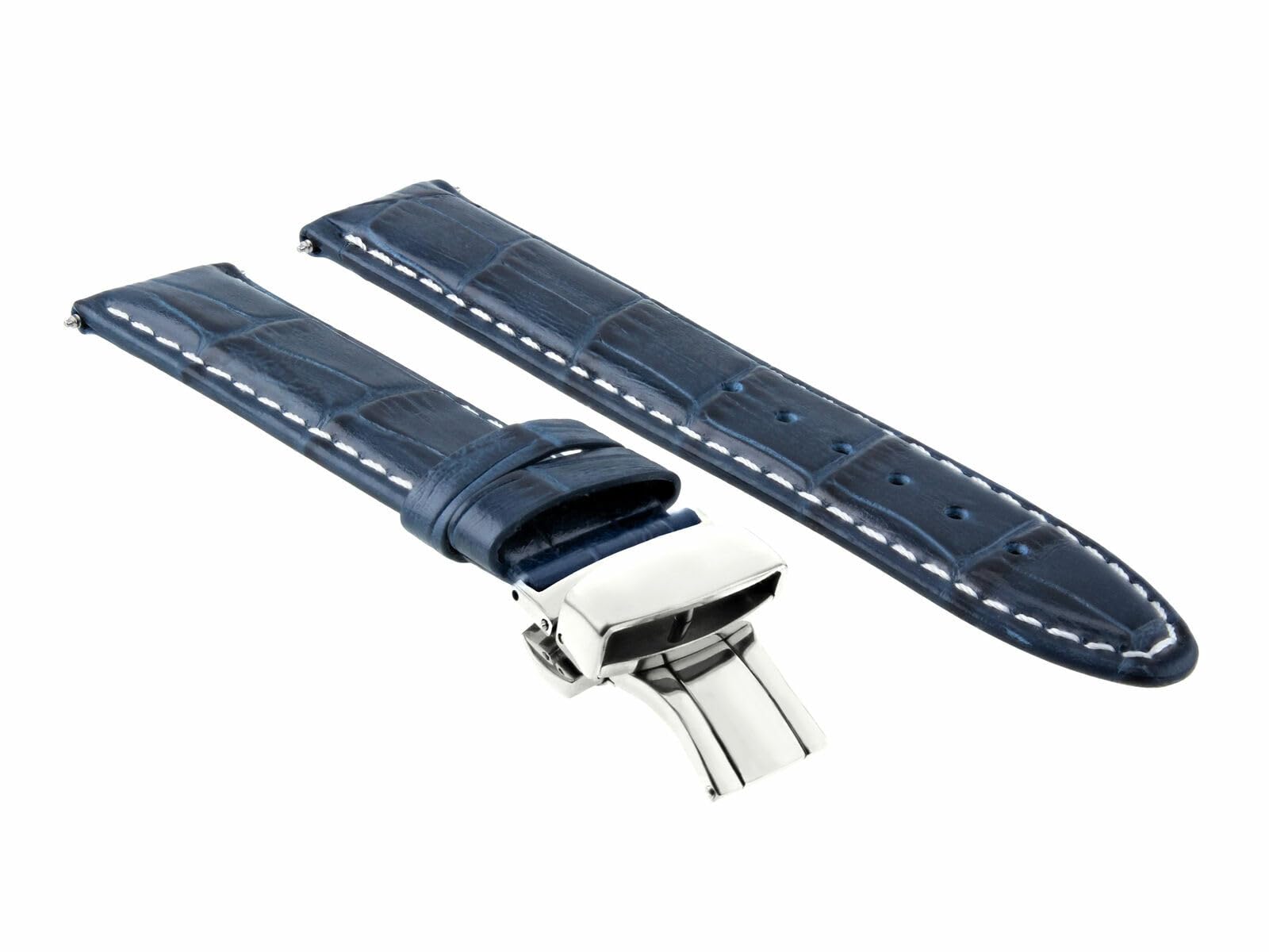 Premium 18mm Genuine Leather Watch Band Strap - Compatible with Omega Speedmaster Moon Watch - Blue Leather with White Stitching - Perfect for Dress Watches, Business Attire & Formal Occasions