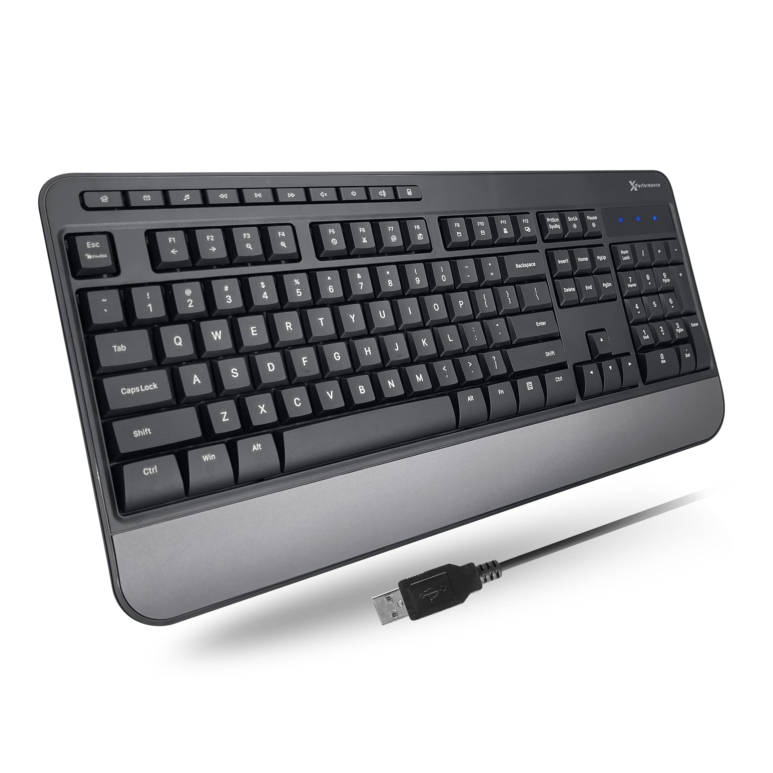 X9 Wired USB Keyboard - Ergonomic Full Size with Wrist Rest for Office & Gaming