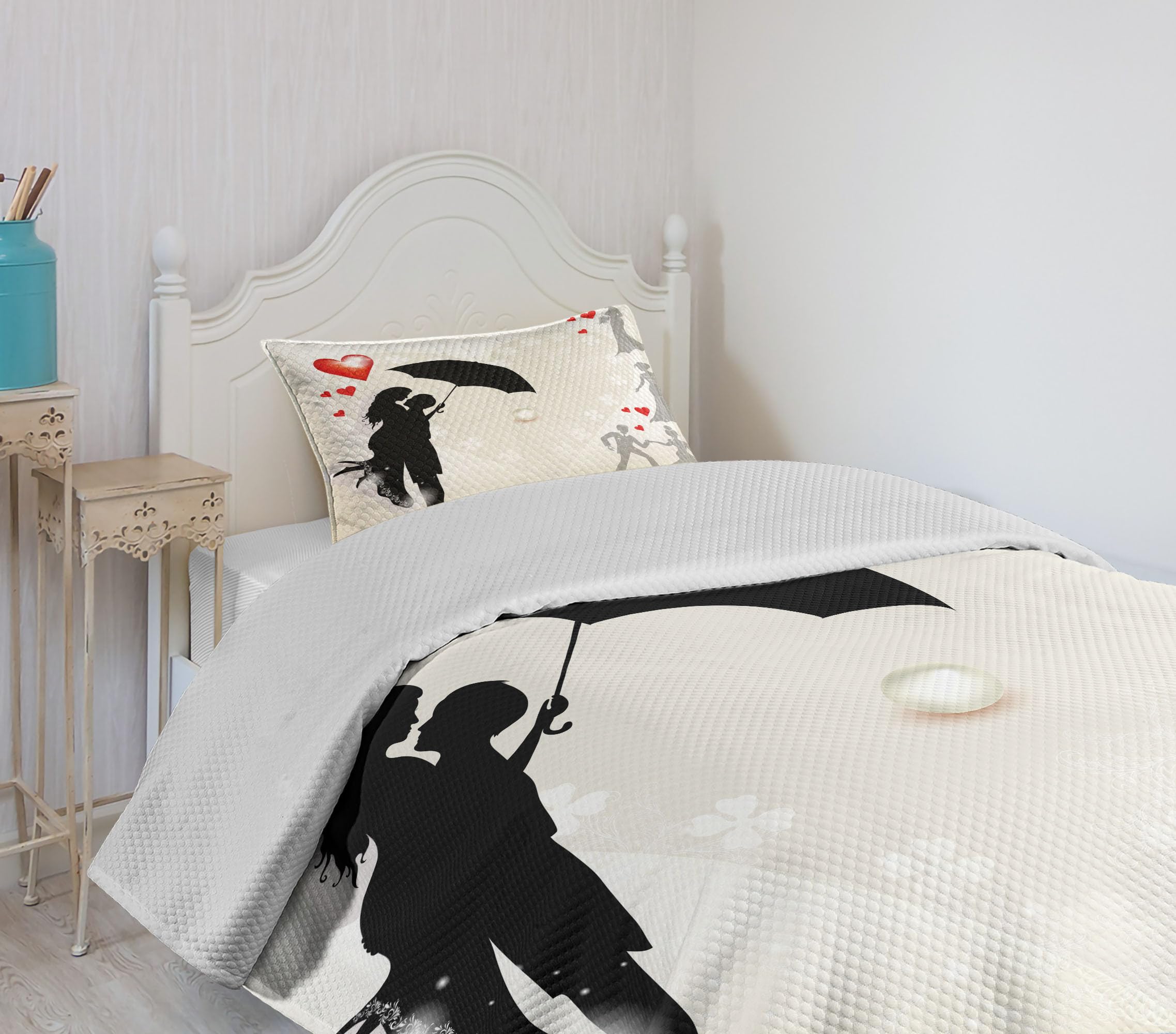 Ambesonne Romantic Wedding Bedspread Set - 3 Piece Twin Size Bedding with Love Umbrella & Heart Daisies Design (Black/White/Red) - Perfect for Anniversary Gifts, Honeymoon Suite Decor & Couples Bedroom
