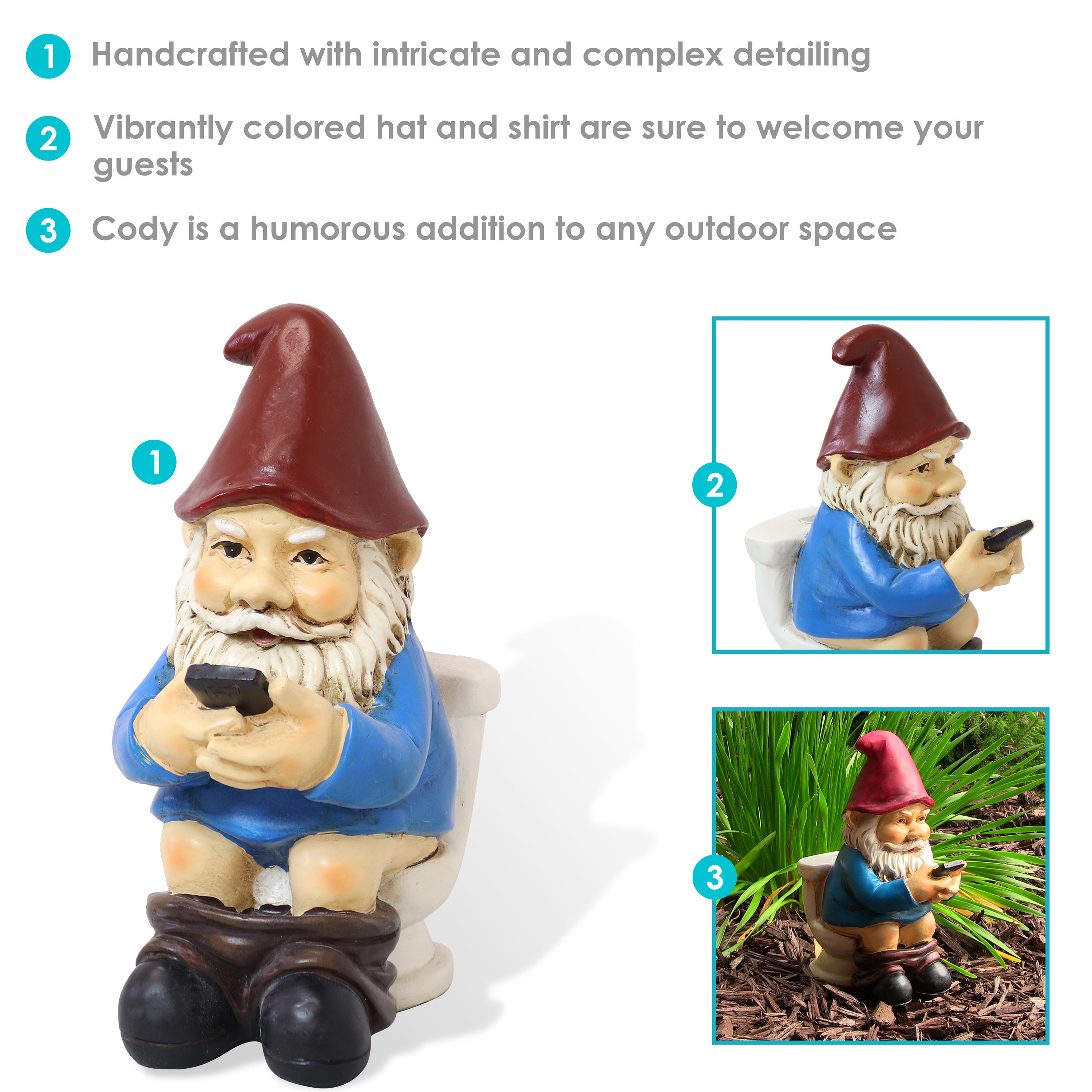 Funny Garden Gnome Statue - Cody Reading Phone on Throne - Outdoor Lawn Decor for Garden, Yard, and Patio - Perfect Gift for Gnome Lovers & Unique Home Decoration