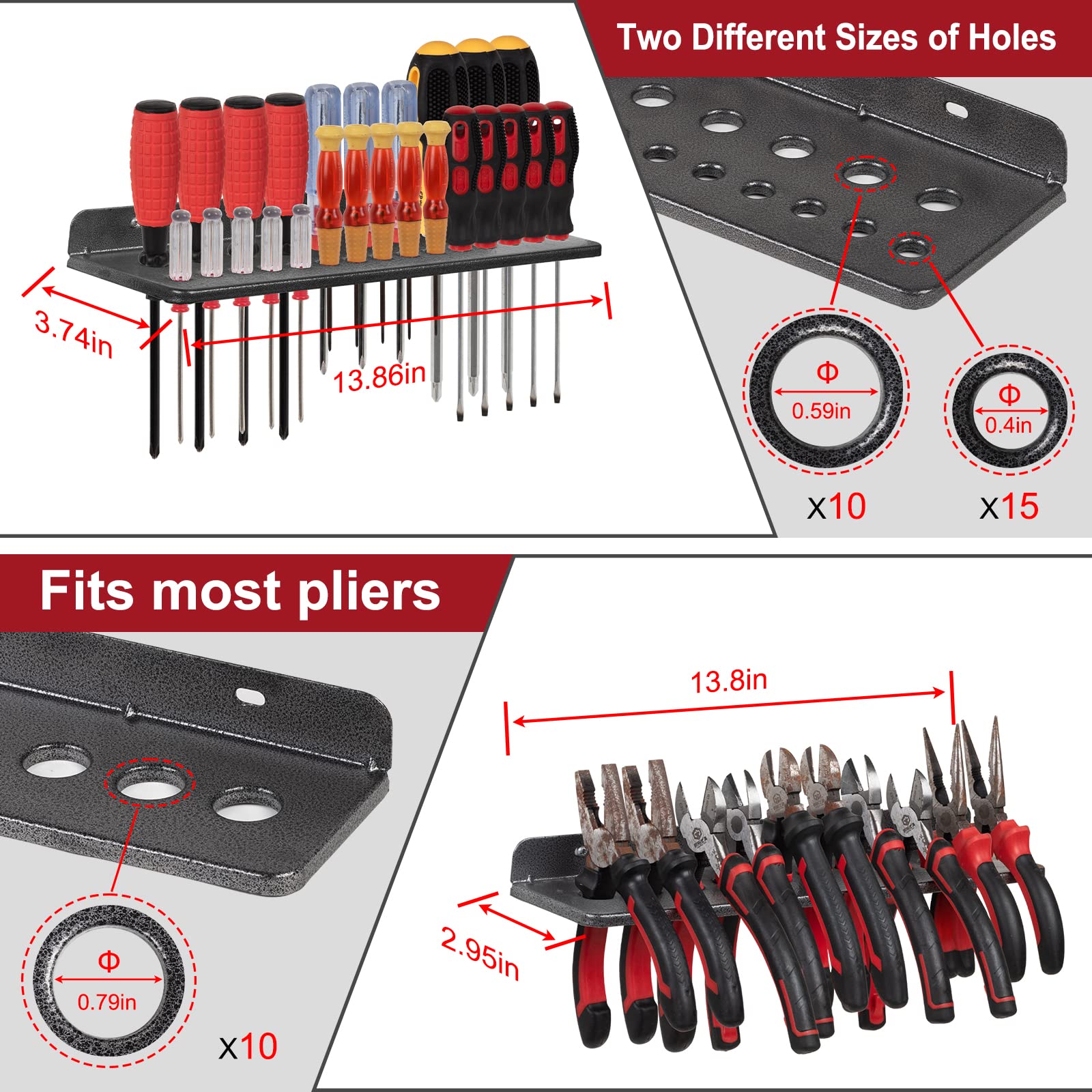 AHOWPD 4-Pack Metal Screwdriver & Plier Organizer Wall Mount - Heavy Duty Hammer Rack, Hand Tool Storage Holder for Garage, Workshop & Workbench | Space-Saving Workshop Organization & Tool Wall Storage Solution