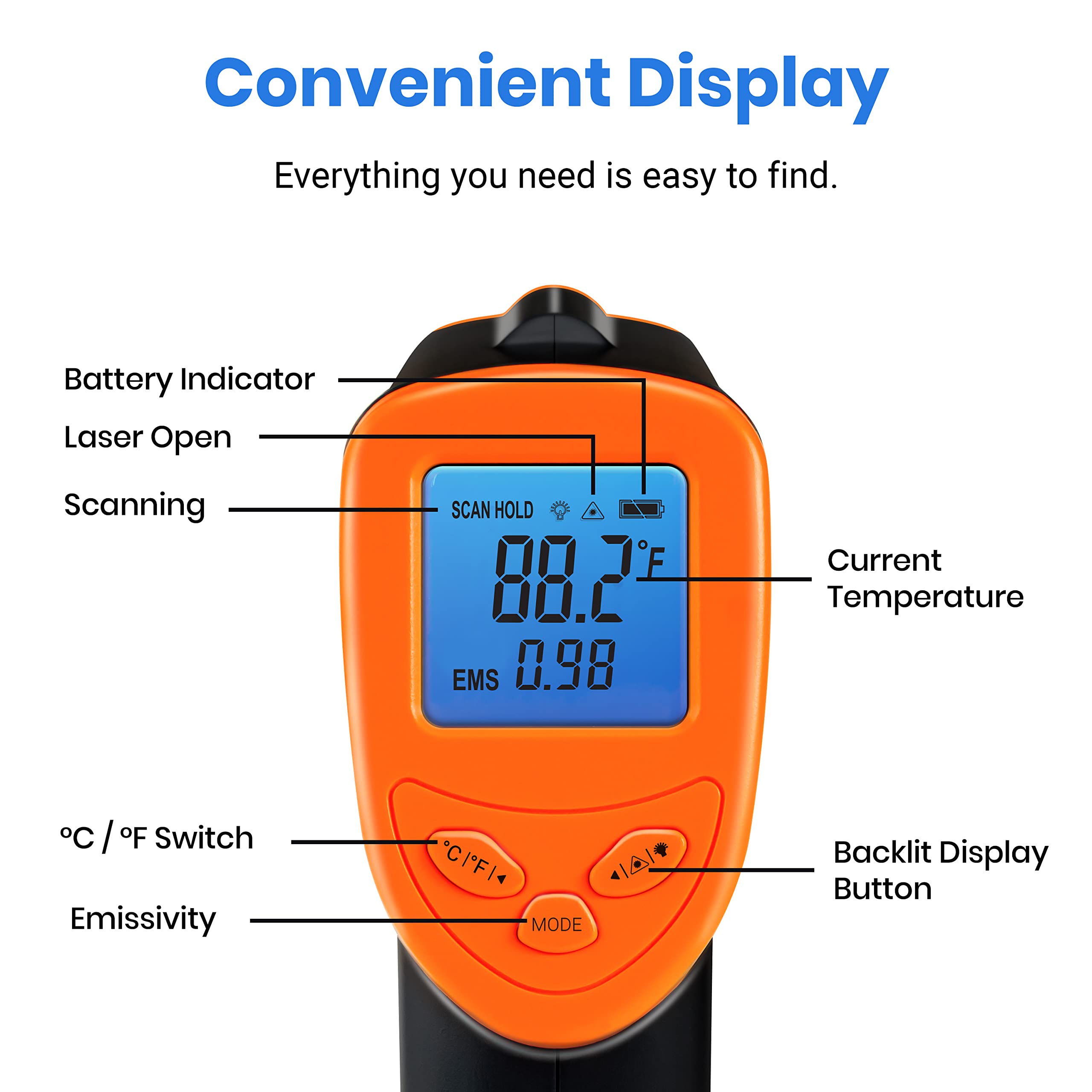 Etekcity Digital Infrared Thermometer Gun -58°F to 1130°F, Non-Contact Laser Temperature Gun for Cooking, HVAC, Automotive & Industrial Use, Fast & Accurate IR Temp Gun for Grilling Meat, Pizza Oven, Engine, Home & Kitchen Appliances (Orange) - Perfect for BBQ, Baking, HVAC Maintenance & DIY Projects