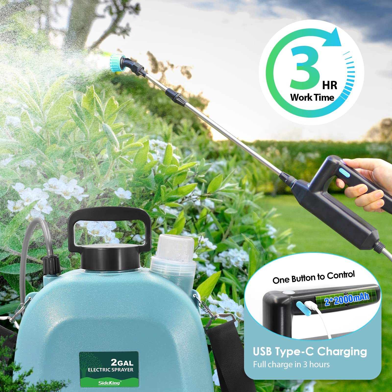 Upgraded 2 Gallon Battery Powered Electric Garden Sprayer with 3 Adjustable Mist Nozzles, Retractable Wand & Rechargeable Handle - Adjustable Shoulder Strap for Lawn Care, Weed Control, Pest Spraying & Outdoor Cleaning