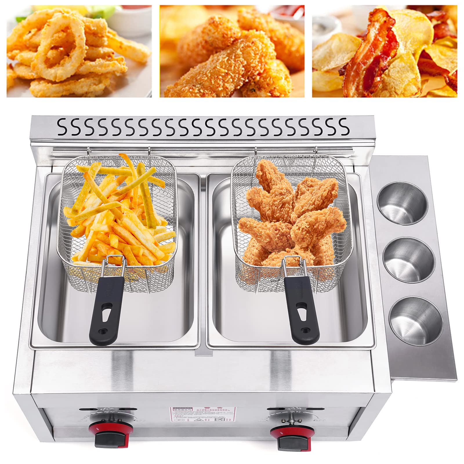Commercial Gas Fryer with 2 Frying Baskets - 18000 BTU Dual Tank Deep Fryer for Restaurants - 6L+6L Capacity, 200-350°F Temperature Control - Perfect for Fast Food, Chicken Wings, and French Fries