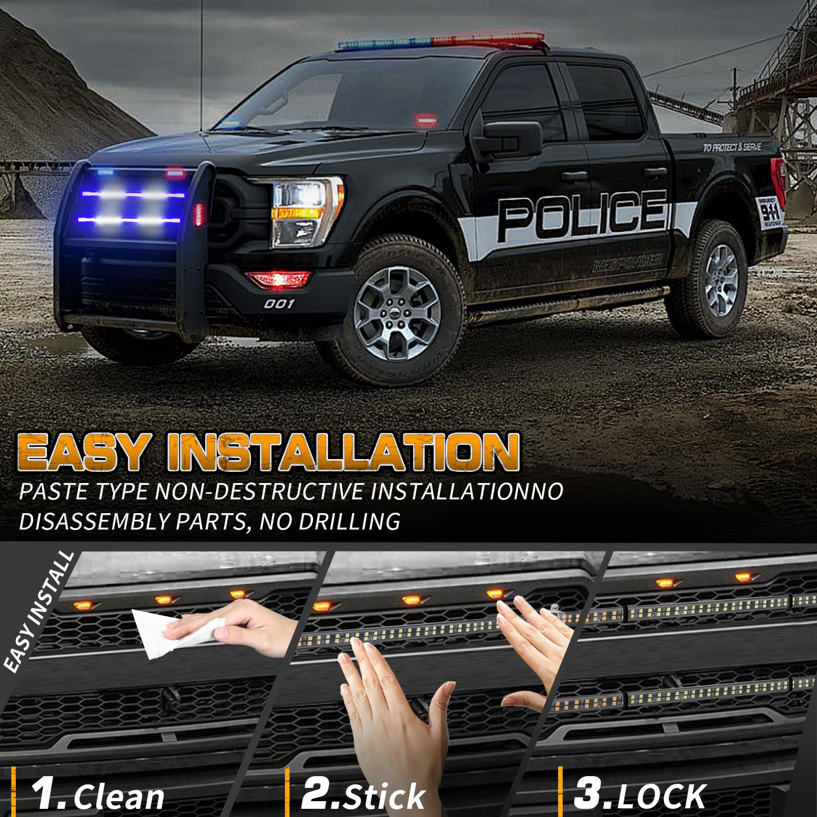 XRIDONSEN 2PCS 30-Inch Blue White LED Emergency Grill Lights - 360° Strobe Warning Safety Lights for Trucks, Police & Firefighter Vehicles - Perfect for Tailgate, Rear Window & Grille Installation - Enhance Visibility for First Responders & Emergency Scenes