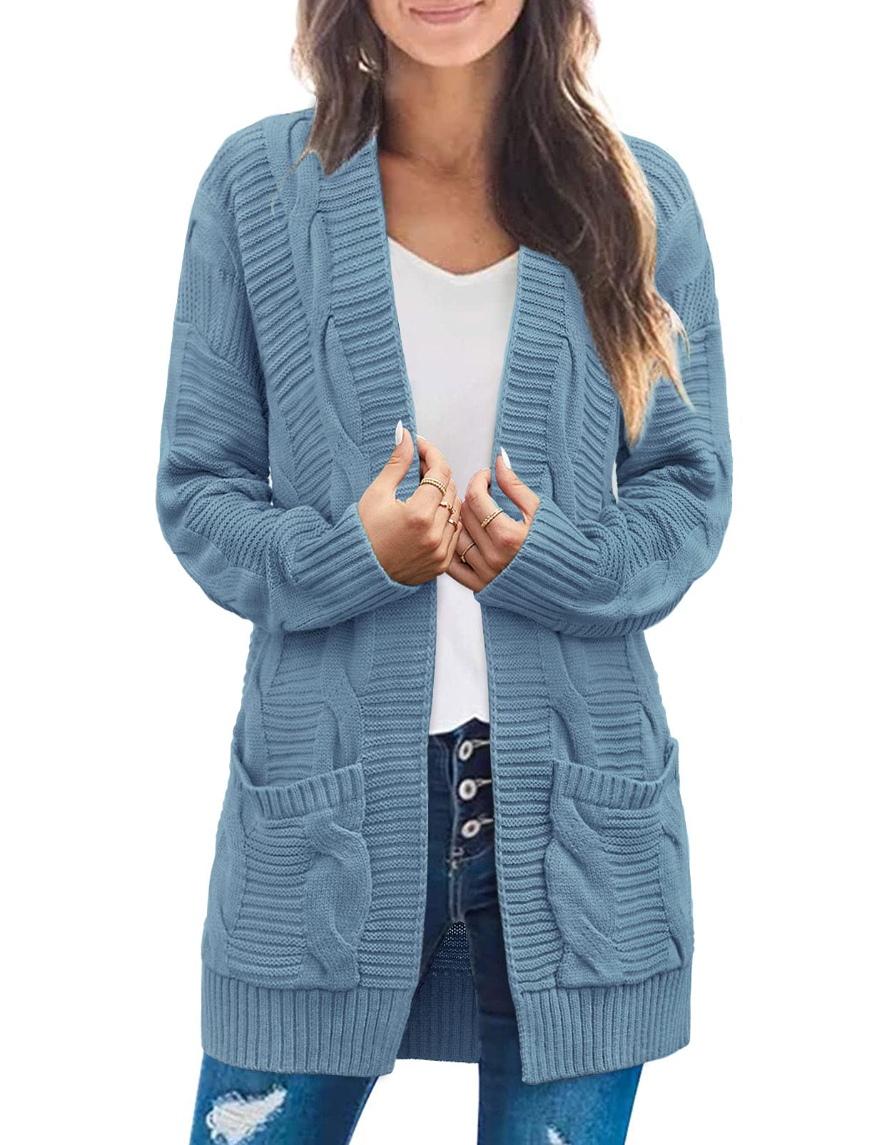 MEROKEETY Women's Long Sleeve Cable Knit Cardigan Sweater - Open Front Fall Coat for Women - Cozy Winter Outwear for Office, Casual & Date Nights