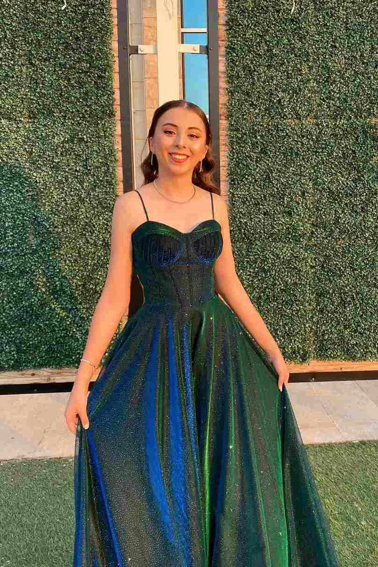 Elegant A-Line Green Long Prom Dress with Sparkling Details - Formal Evening Gown for Homecoming, Wedding Guest & Special Occasions - Style J5128