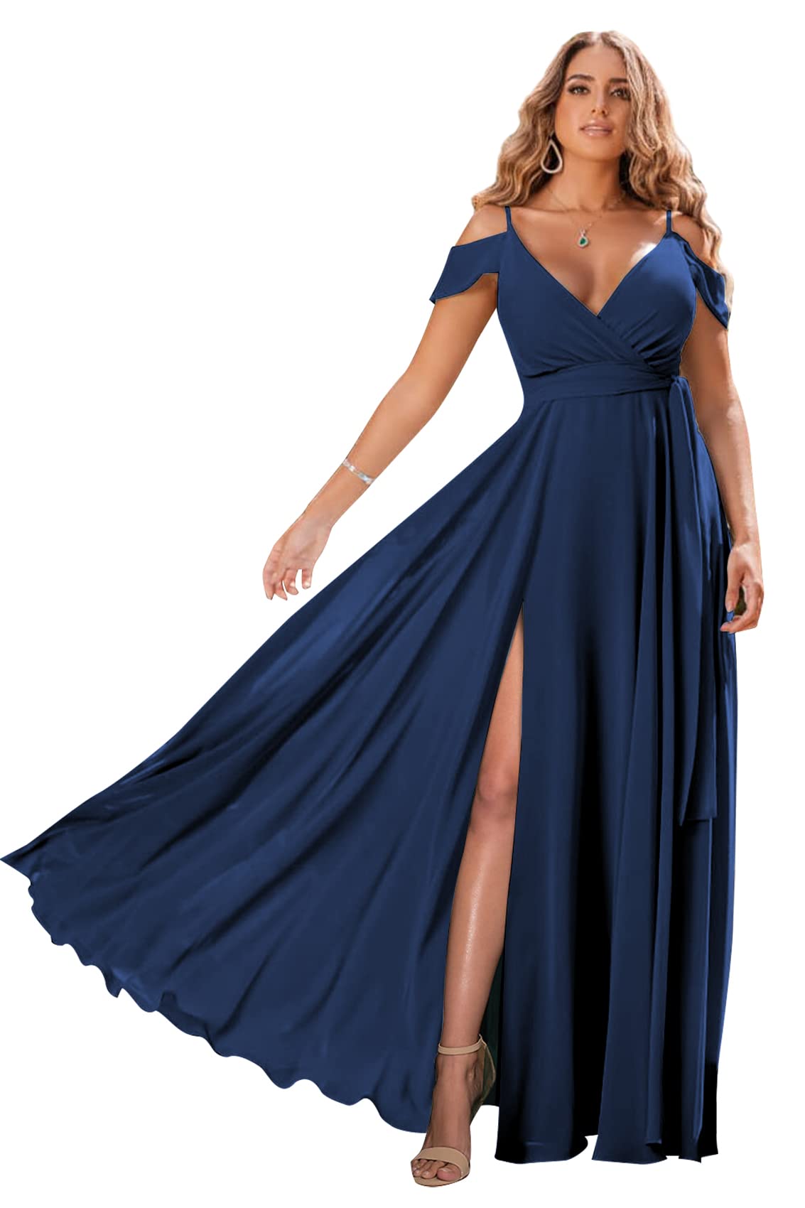 Zoghoo Plus Size Navy Blue Off Shoulder Chiffon Bridesmaid Dress - V Neck Long Formal Evening Gown for Women Size 22 | Wedding Party, Prom, Cocktail, Special Occasions