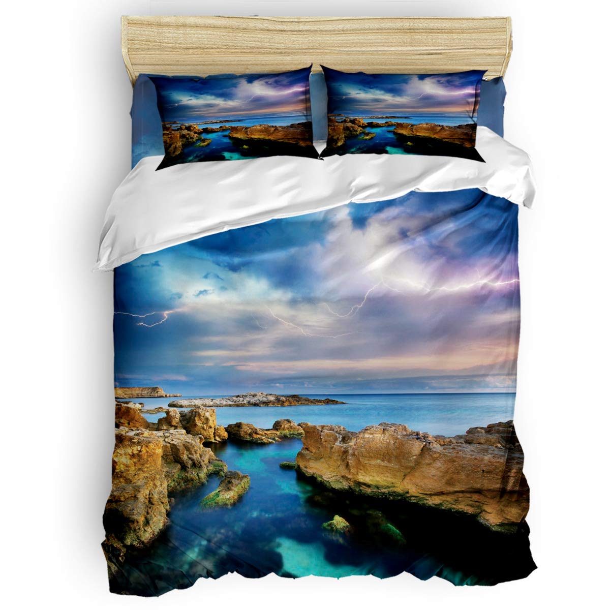 Danhongi King Duvet Cover Set 4 Pieces - Tropical Beach Lightning Design Bedding Set for Women & Men, Includes 1 Duvet Cover, 1 Fitted Sheet, 2 Pillowcases - Perfect for Coastal Themed Bedrooms, Vacation Homes & Tropical Decor