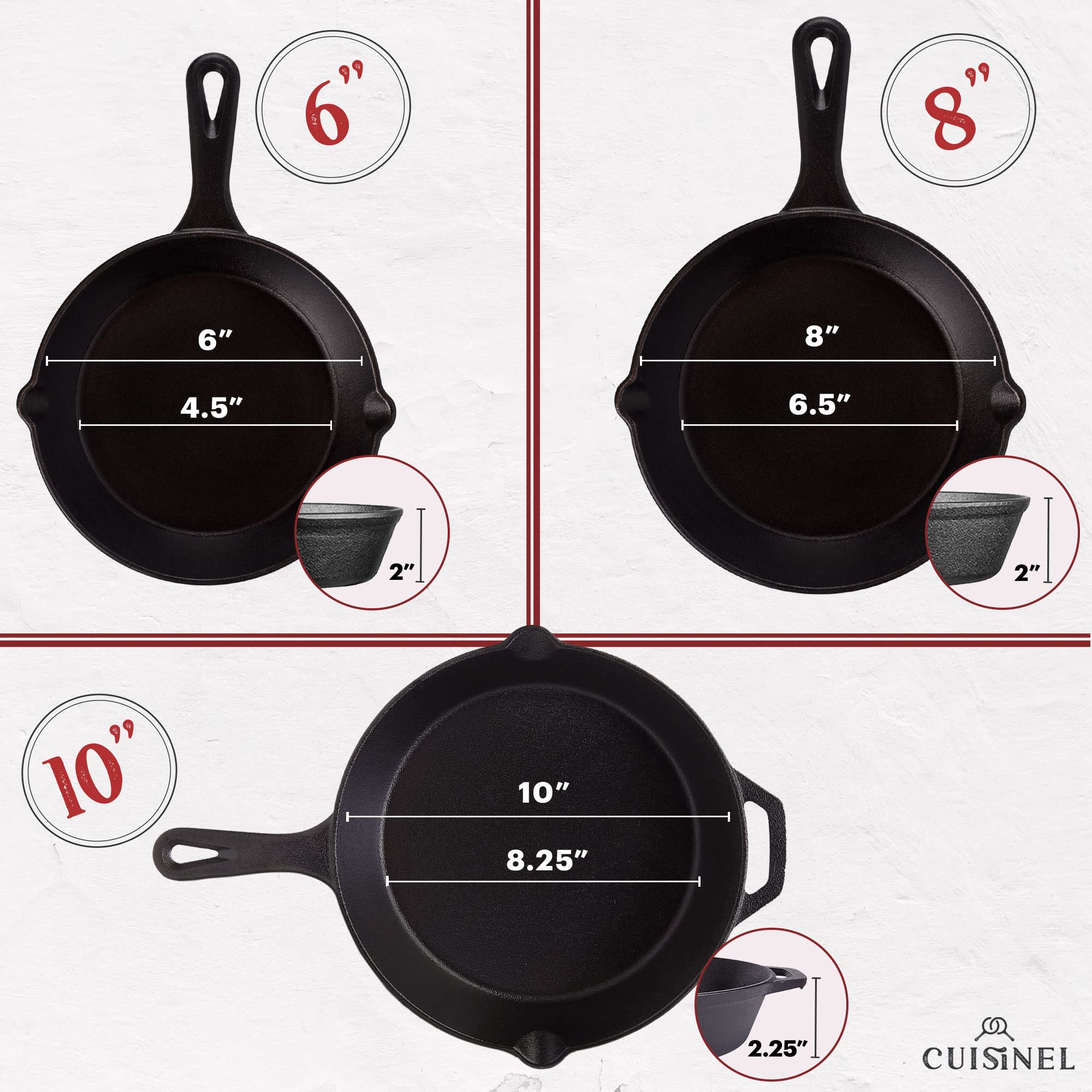 Premium 3-Piece Cast Iron Skillet Set - 6