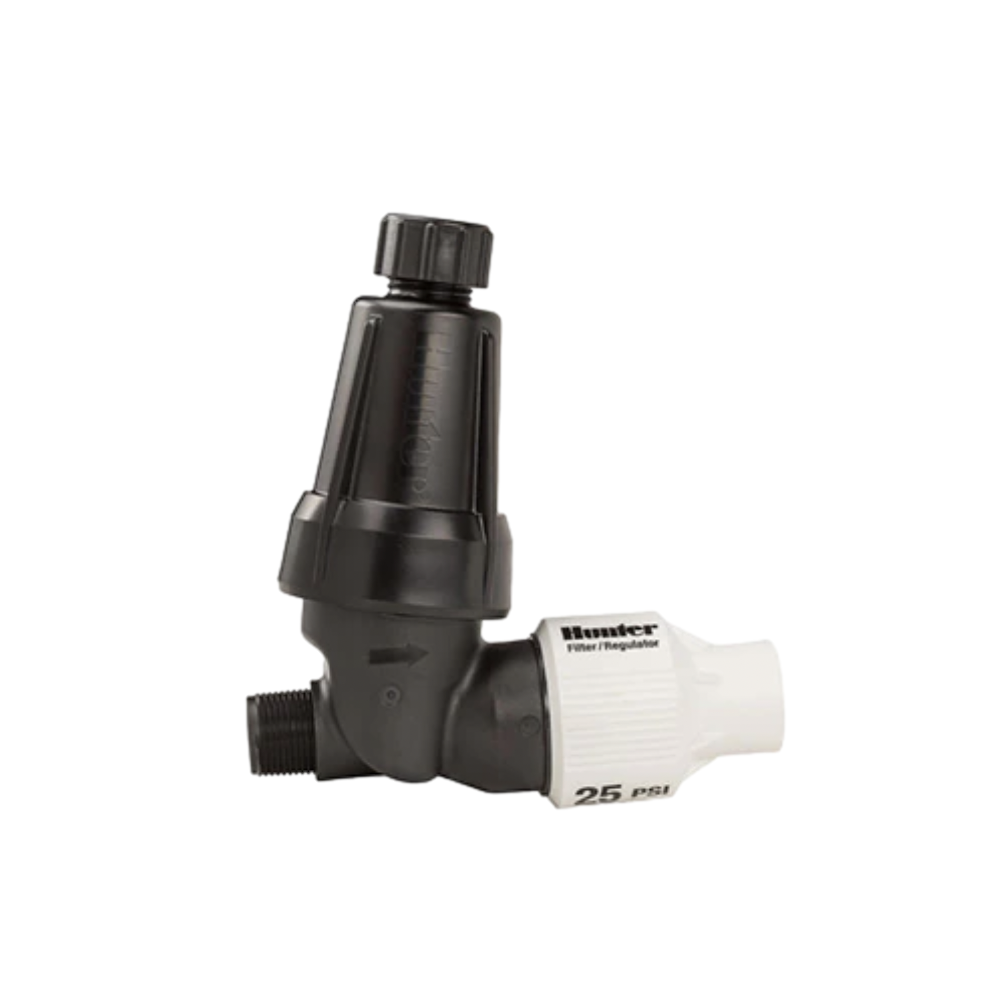 Hunter HFR 100 075 25 Pressure Regulating Filter - 25 PSI, 1 in. x 3/4 in. MIPT Plastic Black with 150 Mesh Stainless Steel Screen & Flush Cap - Ideal for Irrigation Systems, Water Filtration, and Residential Plumbing