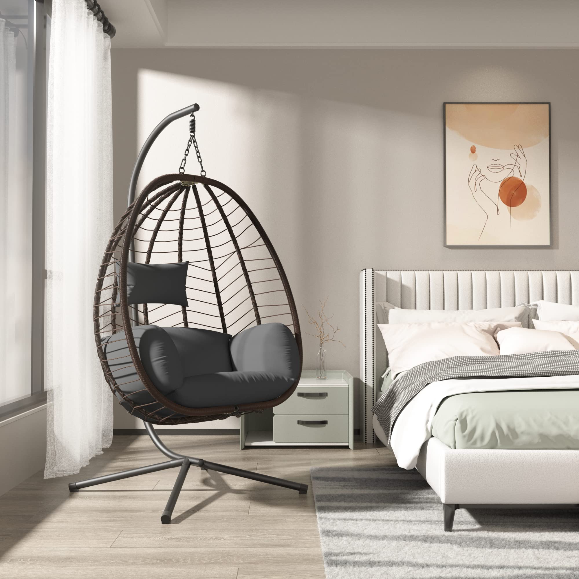 ALAULM Egg Swing Chair - Indoor/Outdoor Wicker Rattan Hanging Chair with Stand, 350lbs Capacity, Sturdy Steel Frame & Gray Cushions - Perfect for Patio, Balcony, Bedroom, Garden & Relaxation Spaces