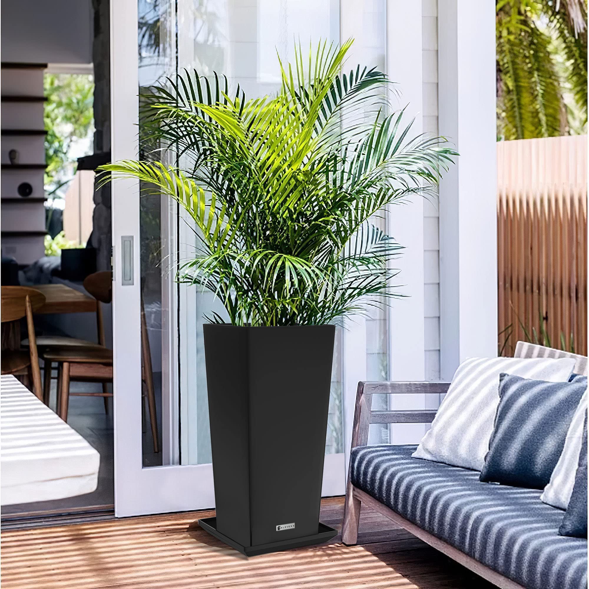 Elevens 29 Inch Tall Tapered Square Planters - 2 Pack Large Indoor/Outdoor Garden Flower Pots with Drainage Tray - Perfect for Patio, Balcony, Living Room & Office Decor (Black)