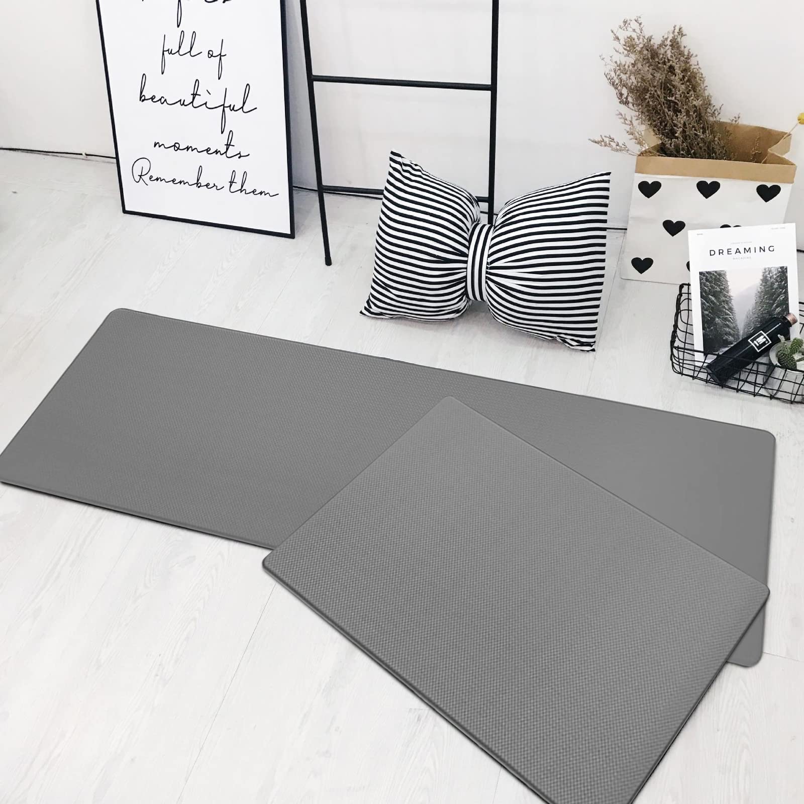 Non-Slip PVC Kitchen Floor Mats Set of 2 - Anti-Fatigue Gray Kitchen Rugs for Cooking, Dishwashing & Standing Comfort - Perfect for Kitchens, Offices & Laundry Rooms