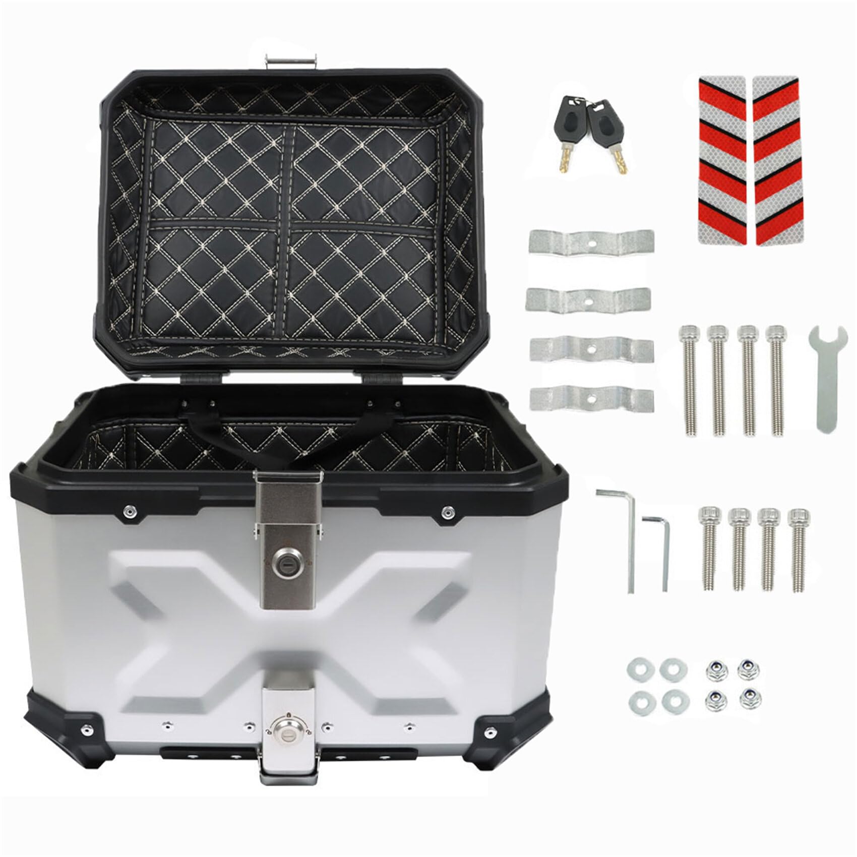 45L Motorcycle Top Case - Hard Aluminum Alloy Waterproof Trunk with Security Lock & Mounting Plate | Silver Metal Touring Tail Box for Secure Storage & Long Rides
