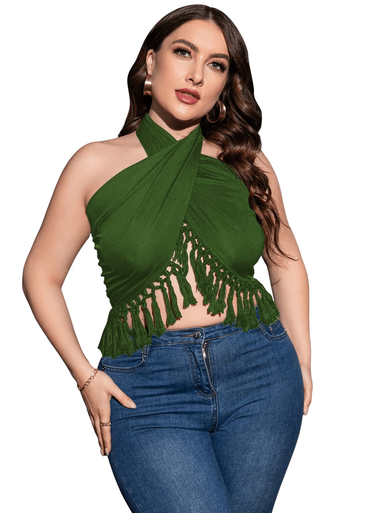 Floerns Women's Plus Size Criss Cross Sleeveless Tassel Trim Halter Crop Top - Summer Beach Party, Casual Outing, Boho Fashion Outfit