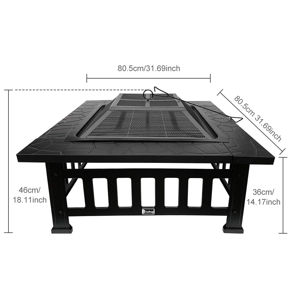 32 Inch Black Square Metal Fire Pit Table - Outdoor Wood Burning Firepit for Patio, Backyard, Camping - Perfect for Family Gatherings & Christmas Parties