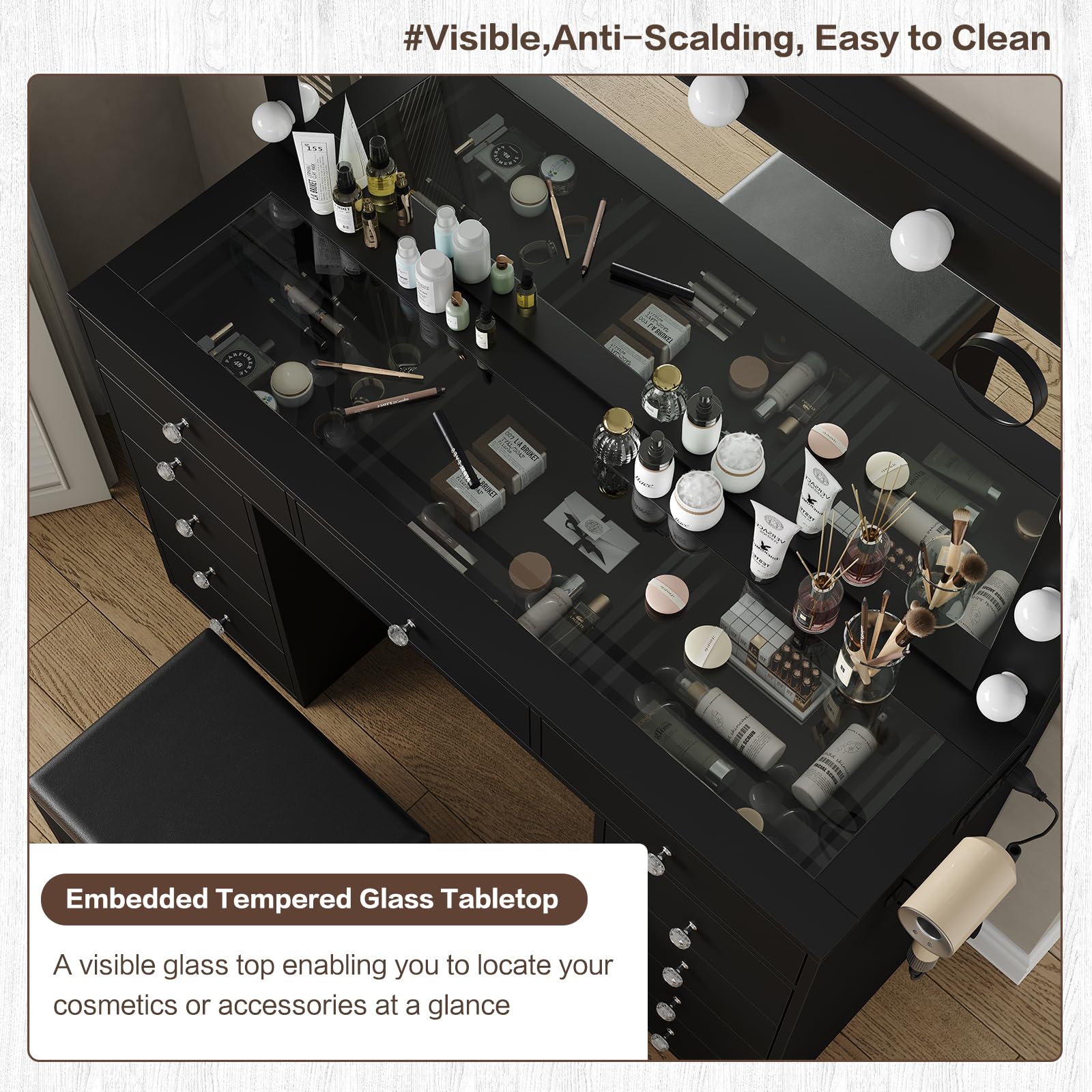 Vanity Desk with Power Outlet & 12 LED Lights - Makeup Table with Mirror, 11 Drawers & 3 Adjustable Lighting Modes - Perfect for Bedroom, Dressing Room & Beauty Salon (Black)