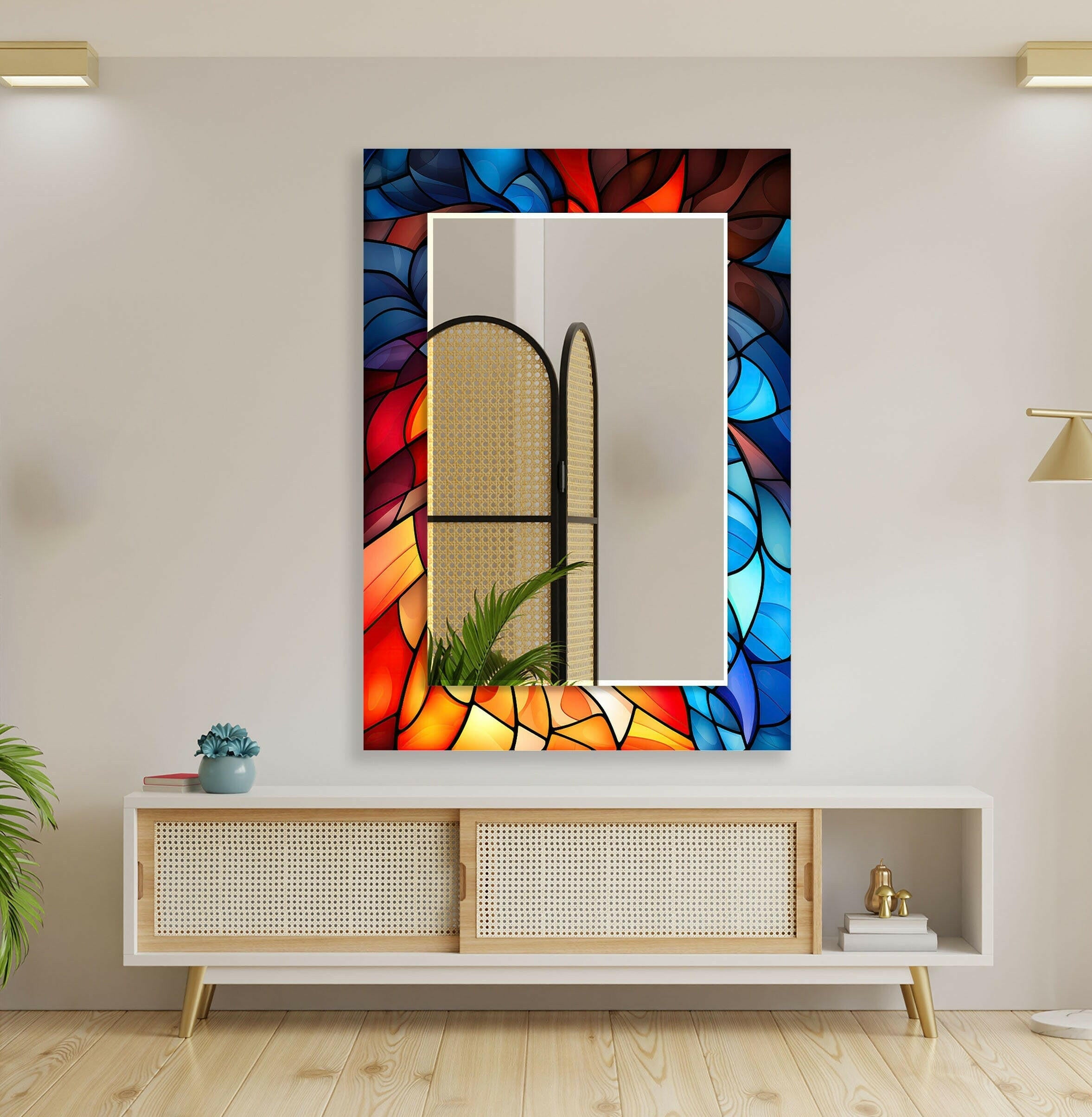 Blue Round Wall Mirror - Decorative Orange Accent Frame - Perfect for Living Room, Bedroom & Bathroom Decor