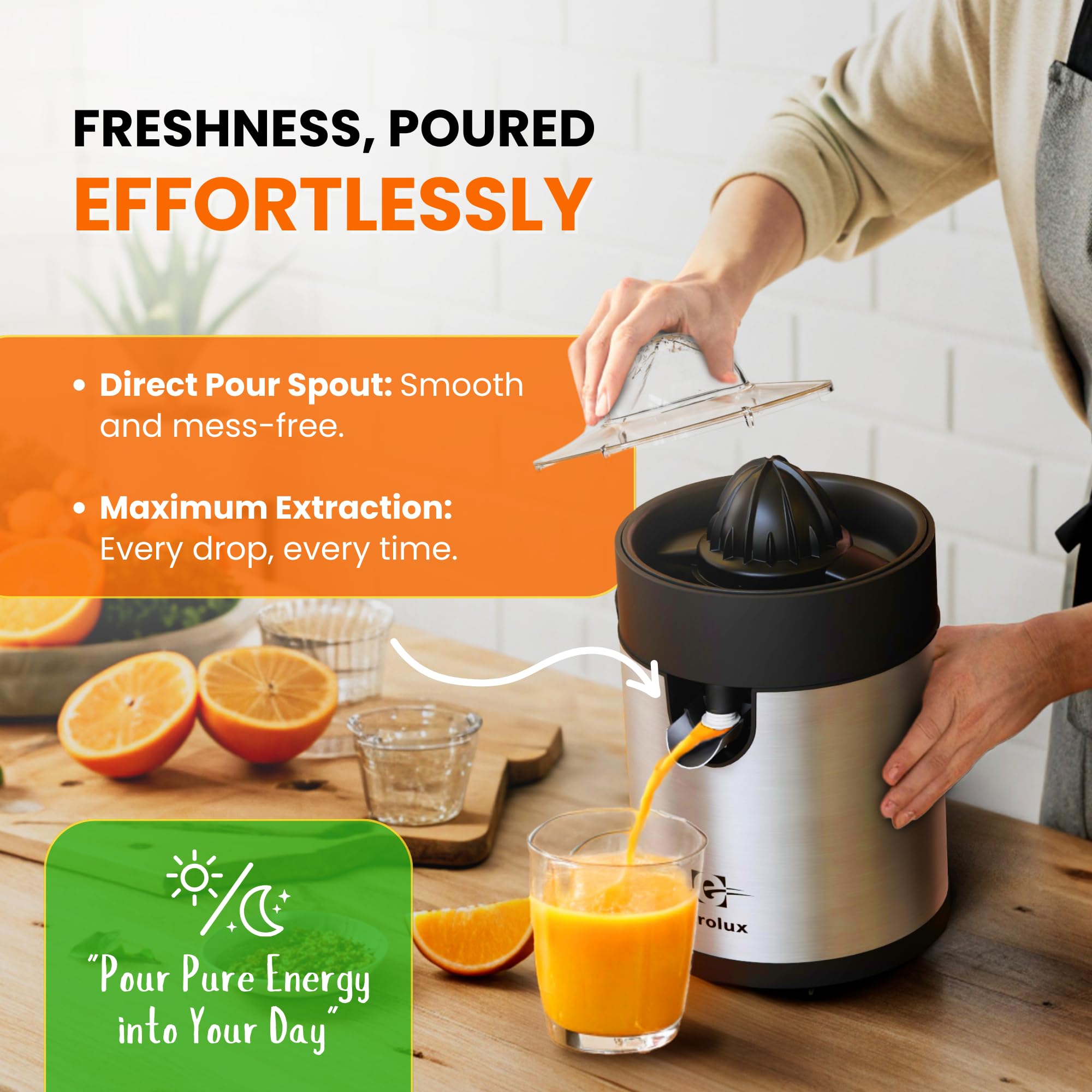 Eurolux Electric Orange Juicer - Powerful Citrus Press for Lemon, Lime & Grapefruit | High-Speed Motor, Dishwasher Safe, Easy to Clean | Perfect for Breakfast, Cocktails & Healthy Juicing at Home
