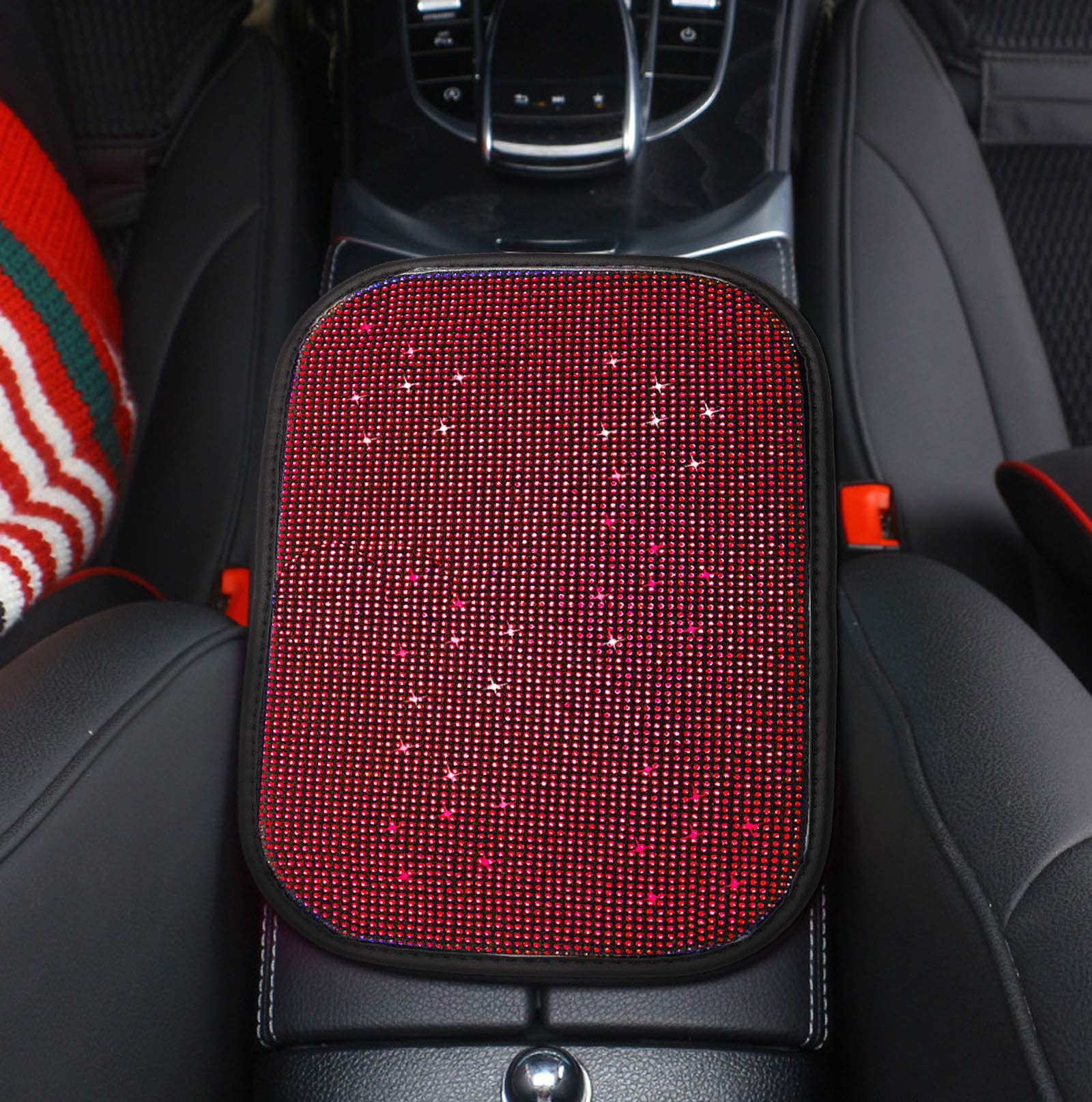 FUNOJOY Bling Diamond Rhinestone Car Armrest Cover for Women - Red Auto Center Console Cover Pad, Luxury Car Accessories & Decor - Perfect for Sedans, SUVs & Daily Commute