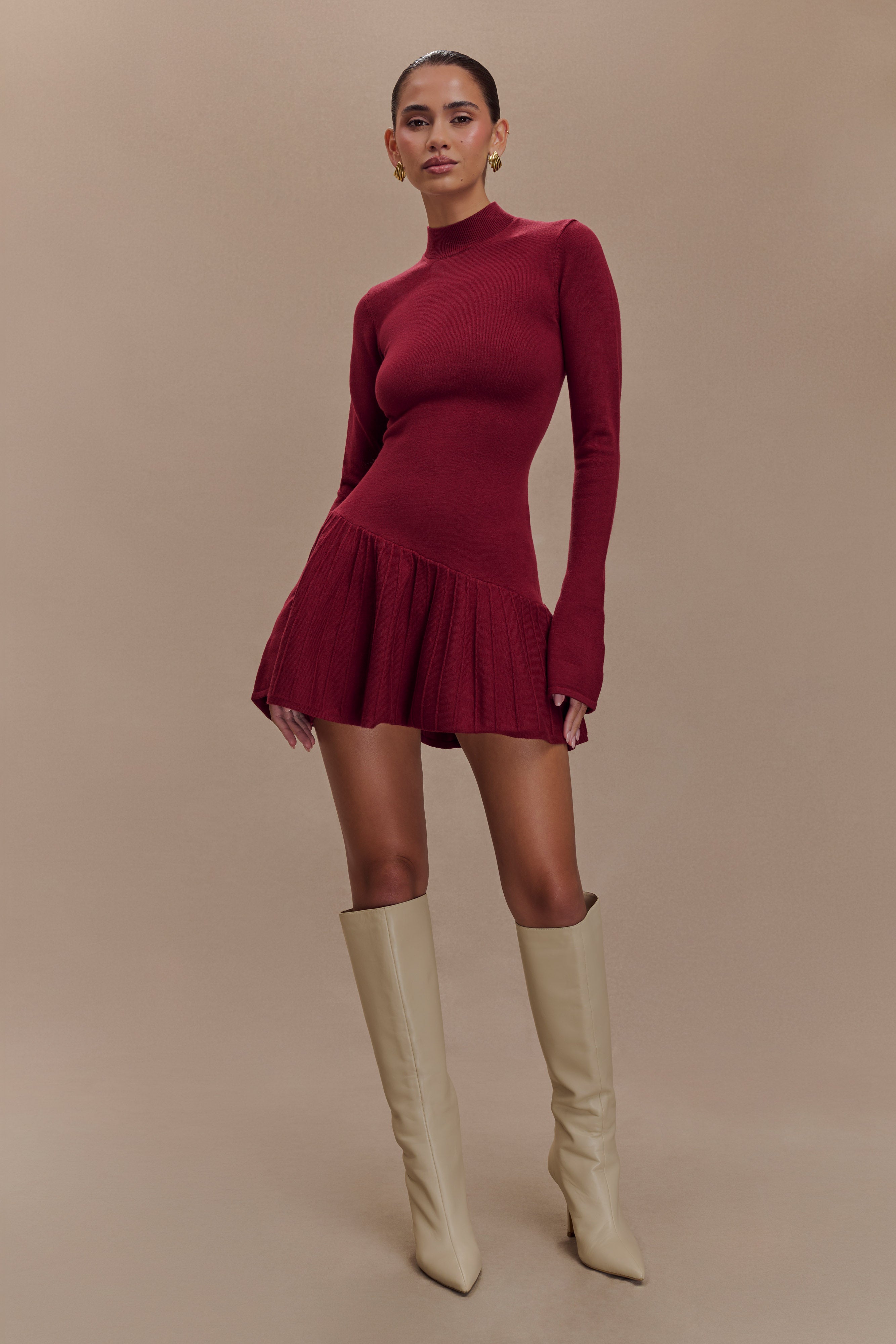 Blair Knit Mini Dress With Pleats - Merlot Red Women's Casual Bodycon Dress for Party, Date Night & Fall Outfits