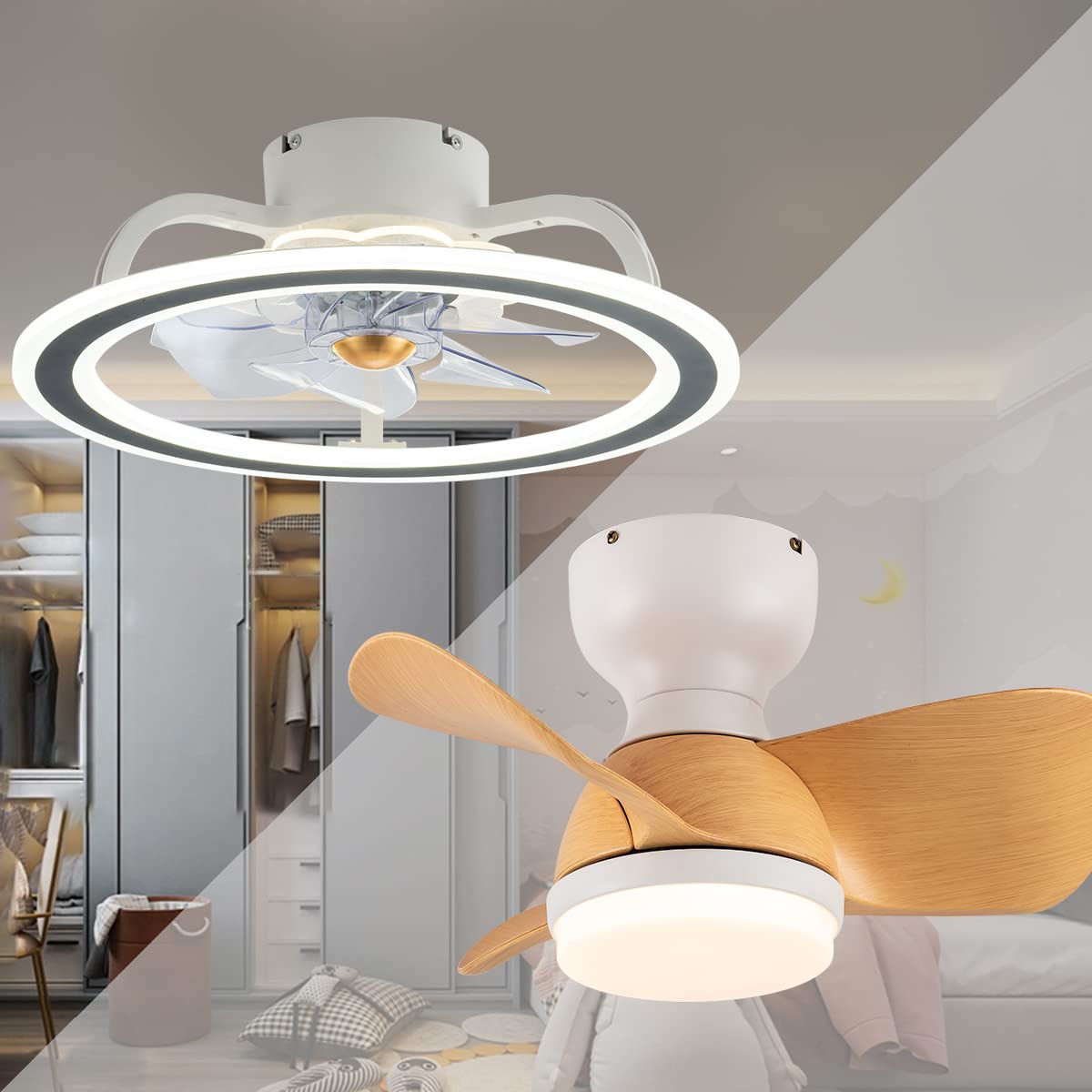 EKIZNSN 20'' Enclosed Ceiling Fan with Light & 22'' Low Profile Ceiling Fan with Lights - Dual Ceiling Fan Set for Bedroom, Living Room, and Office - Energy Efficient Cooling and Lighting Solution