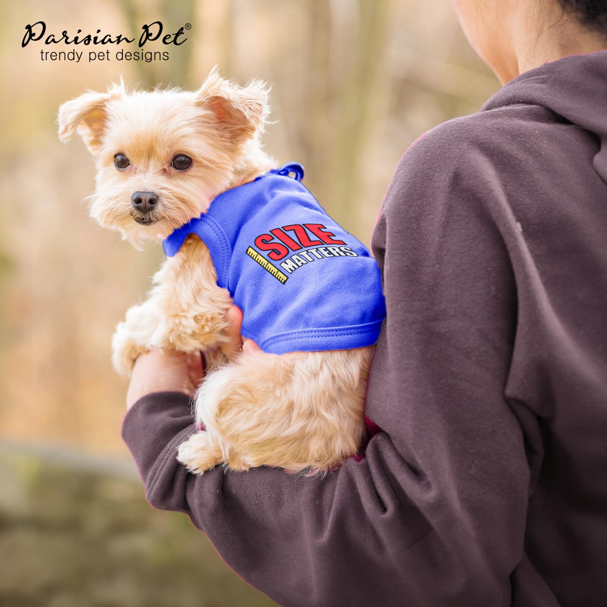 Parisian Pet Dog T-Shirt - Embroidered 'Size Matters' Cotton Sleeveless Tee - Lightweight & Machine Washable Dog Clothes for Small Dogs (XS) - Perfect for Summer Walks & Outdoor Adventures