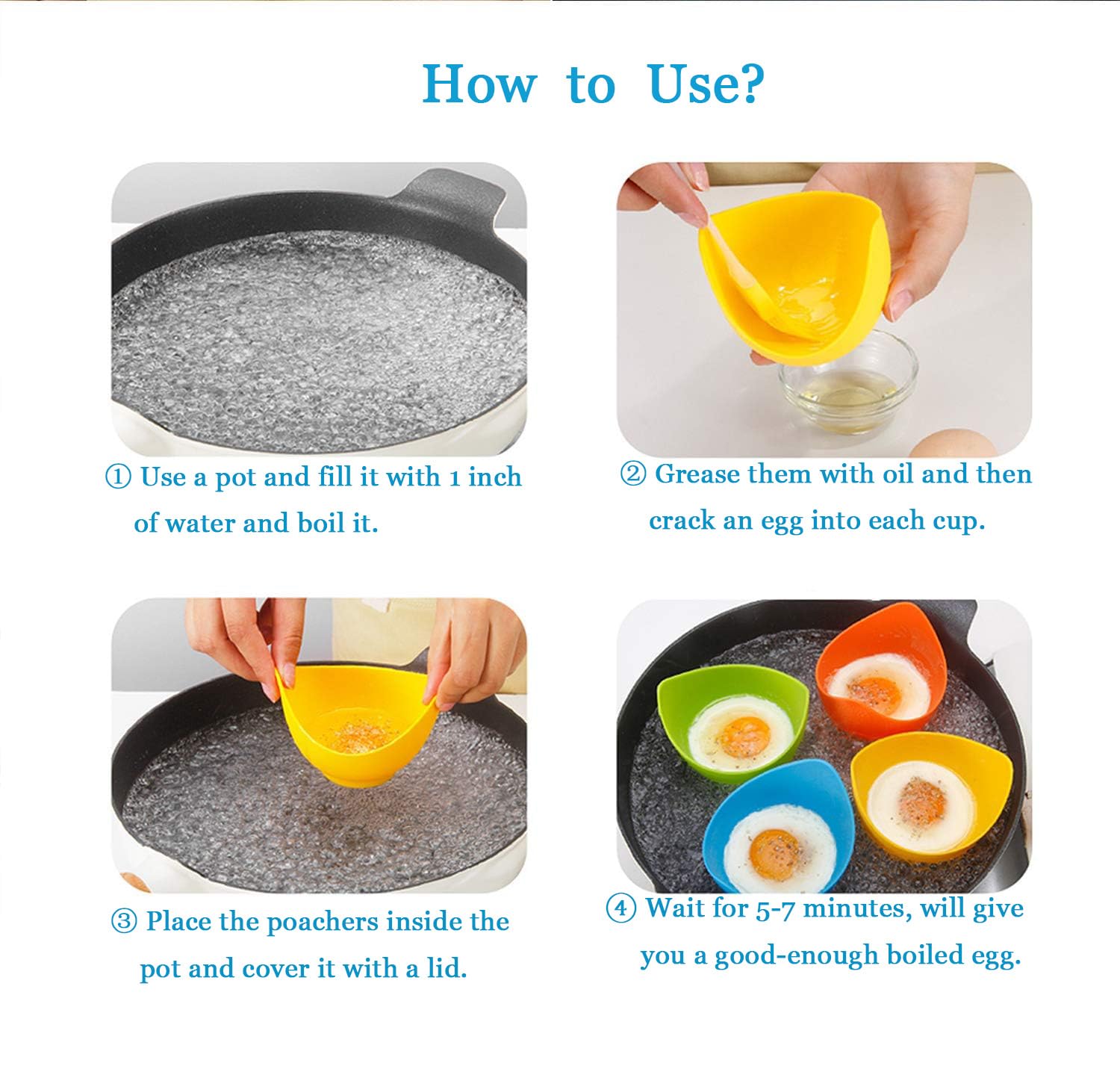 4-Pack Silicone Egg Poacher Cups with Ring Stands - BPA Free Microwave, Stovetop & Air Fryer Safe Egg Cooker - Includes Bonus Oil Brush - Perfect for Poached Eggs, Breakfast Meal Prep & Healthy Cooking