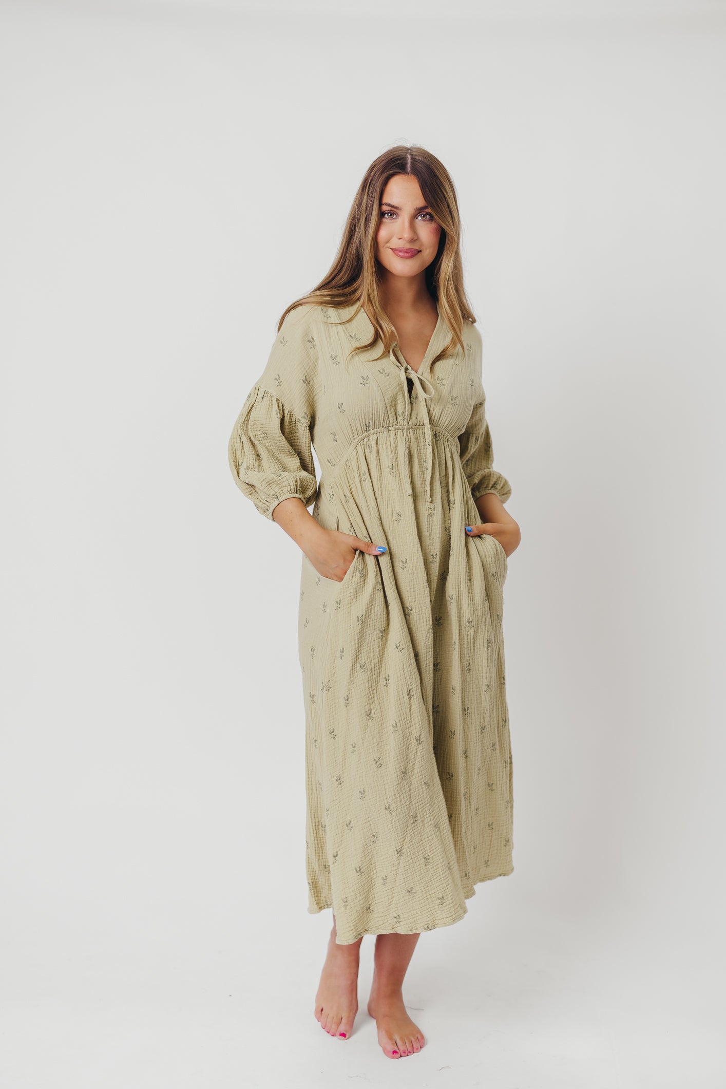 Hunter 100% Cotton Gauze Midi Dress - Thyme/Sage Foliage Print | Bump Friendly & Inclusive Sizing (XS-3XL) | Perfect for Maternity, Beach Vacations & Boho Summer Outfits