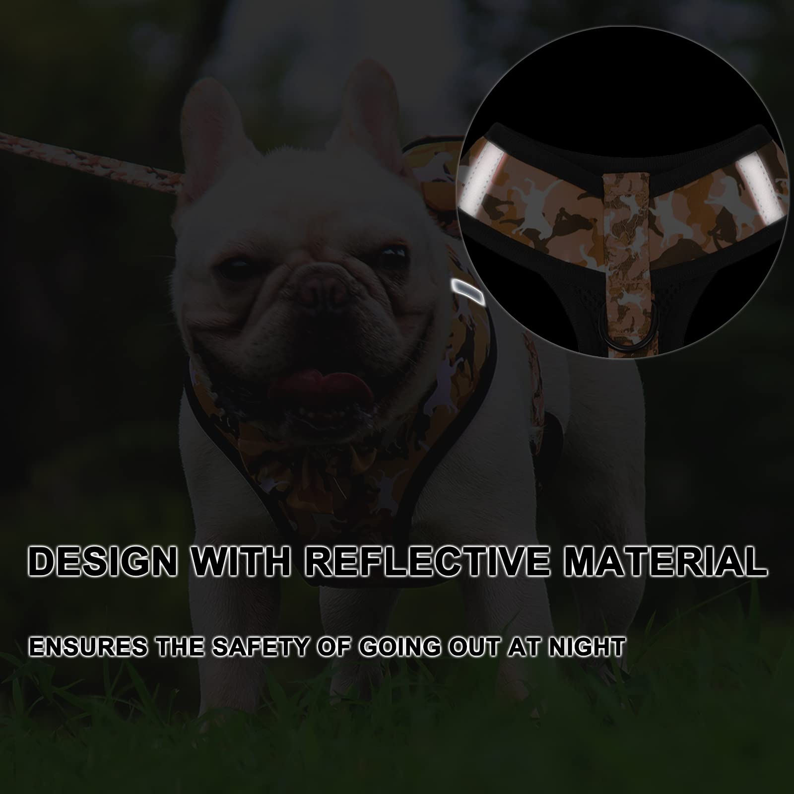 **Reflective Adjustable No-Pull Dog Harness & Leash Set for Small Dogs & Puppies - Yellow Camouflage Vest with Bow-Tie Collar, Poop Bags - Perfect for Walking, Training & Nighttime Safety**