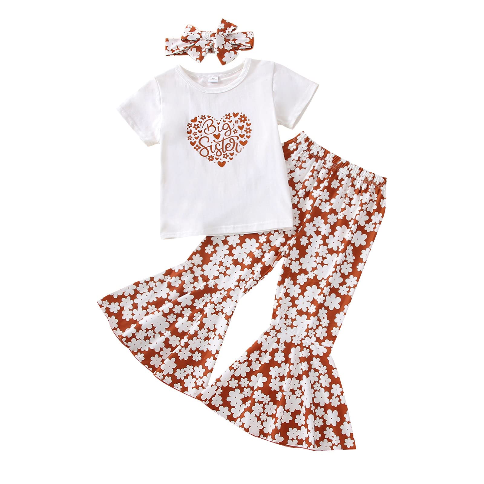 Big Sister Little Sister Matching Outfits – 3Pcs Baby Girls Short Sleeve Floral Print Bodysuit & Flare Pants Set | Cute Sibling Photo Shoots & Family Events