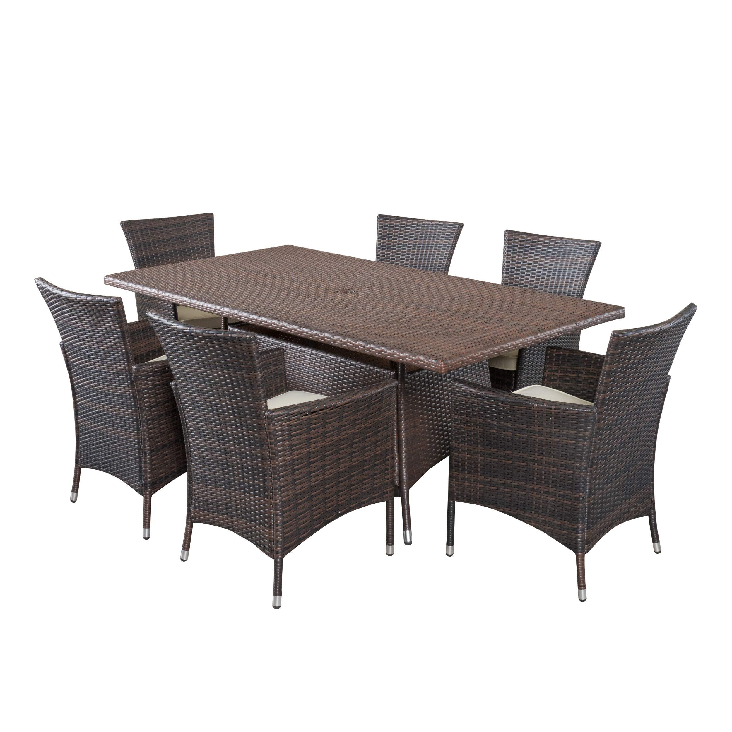 Christopher Knight Home Jennifer 7-Piece Outdoor Wicker Dining Set - Weather-Resistant Patio Furniture for Garden, Poolside & Backyard Dining - Multibrown Rattan Table & Chairs Set