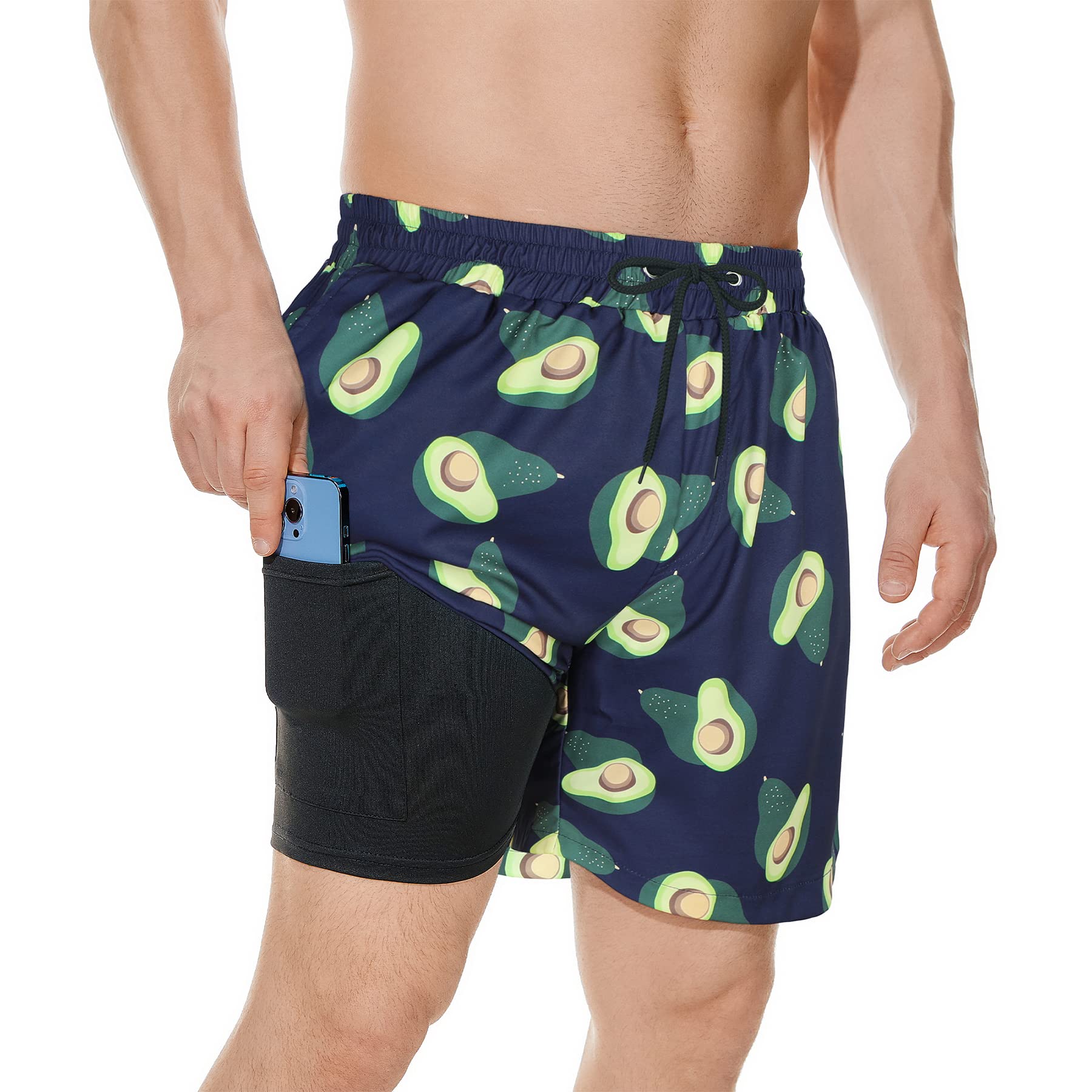 **Quick Dry Men's Swim Trunks with Compression Liner & Pocket - 7 Inch Inseam Swim Shorts for Swimming, Beach, Pool & Water Sports**