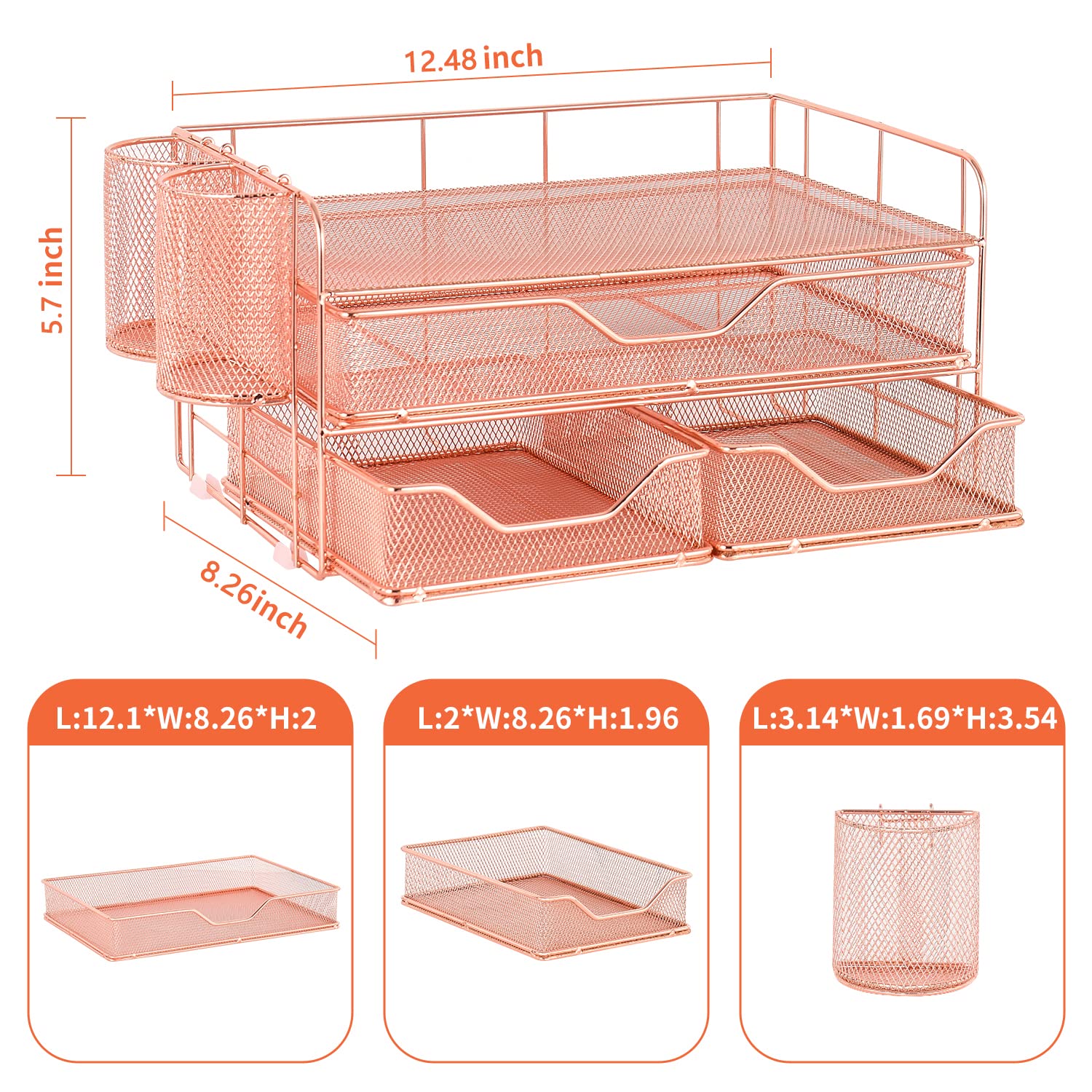 3 Tier Drawer Organizer with 2 Pen Holders - Rose Gold Office Desk Organizer for Home & Workspace | Perfect for Organizing Stationery, Makeup, Jewelry & Office Supplies