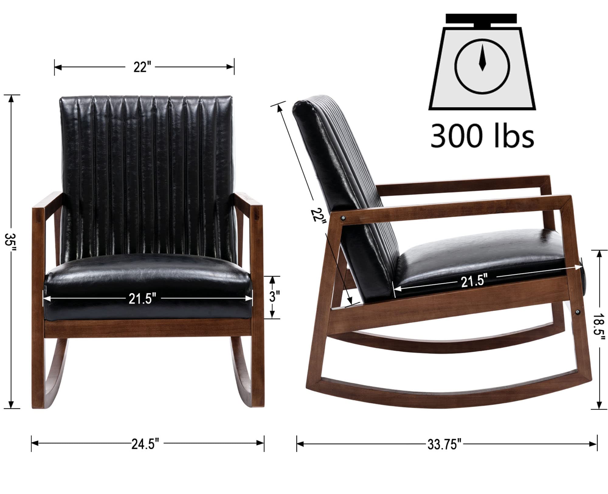 VESCASA Mid-Century Modern Upholstered Rocking Chair - Channel-Tufted Back, Oil Wax PU Leather & Black Walnut Wood Frame - Comfortable Nursery, Living Room, Bedroom Rocker (Black) | Perfect for Nursing, Relaxing & Home Decor