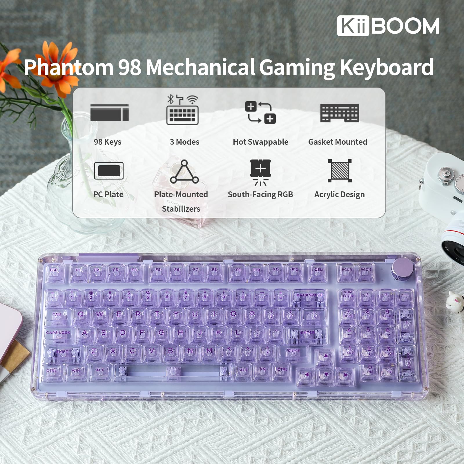 KiiBoom Phantom 98 Hot Swappable Crystal Gasket-Mounted Mechanical Keyboard - Triple Mode NKRO Gaming Keyboard with South-Facing RGB, Clear Keycaps, 8000mAh Battery for Windows & Mac (Purple) | Perfect for Gaming, Office Work & Typing Enthusiasts