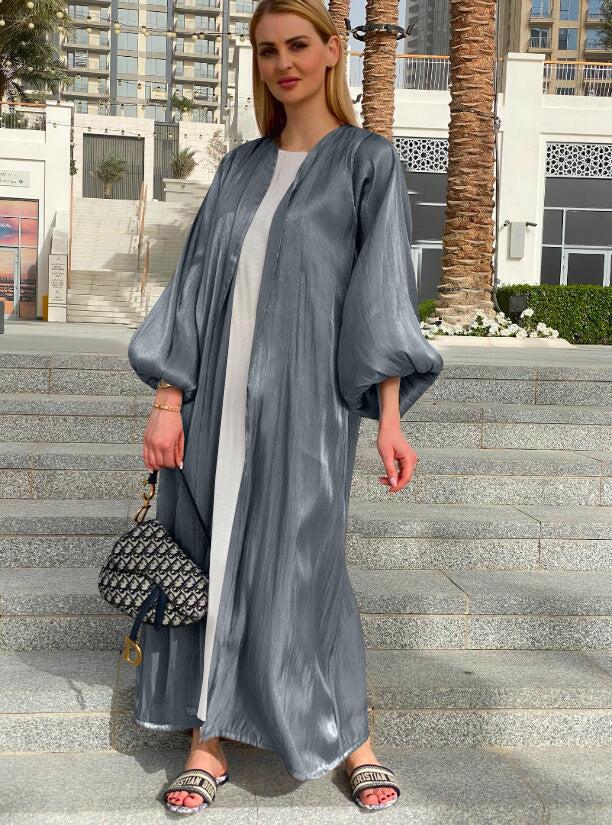 Elegant Muslim Abaya Dress for Women - Shining Silklike Kimono Cardigan with Puff Sleeves | Eid, Summer, Dubai & Turkey Fashion | Perfect for Prayer, Parties & Special Occasions