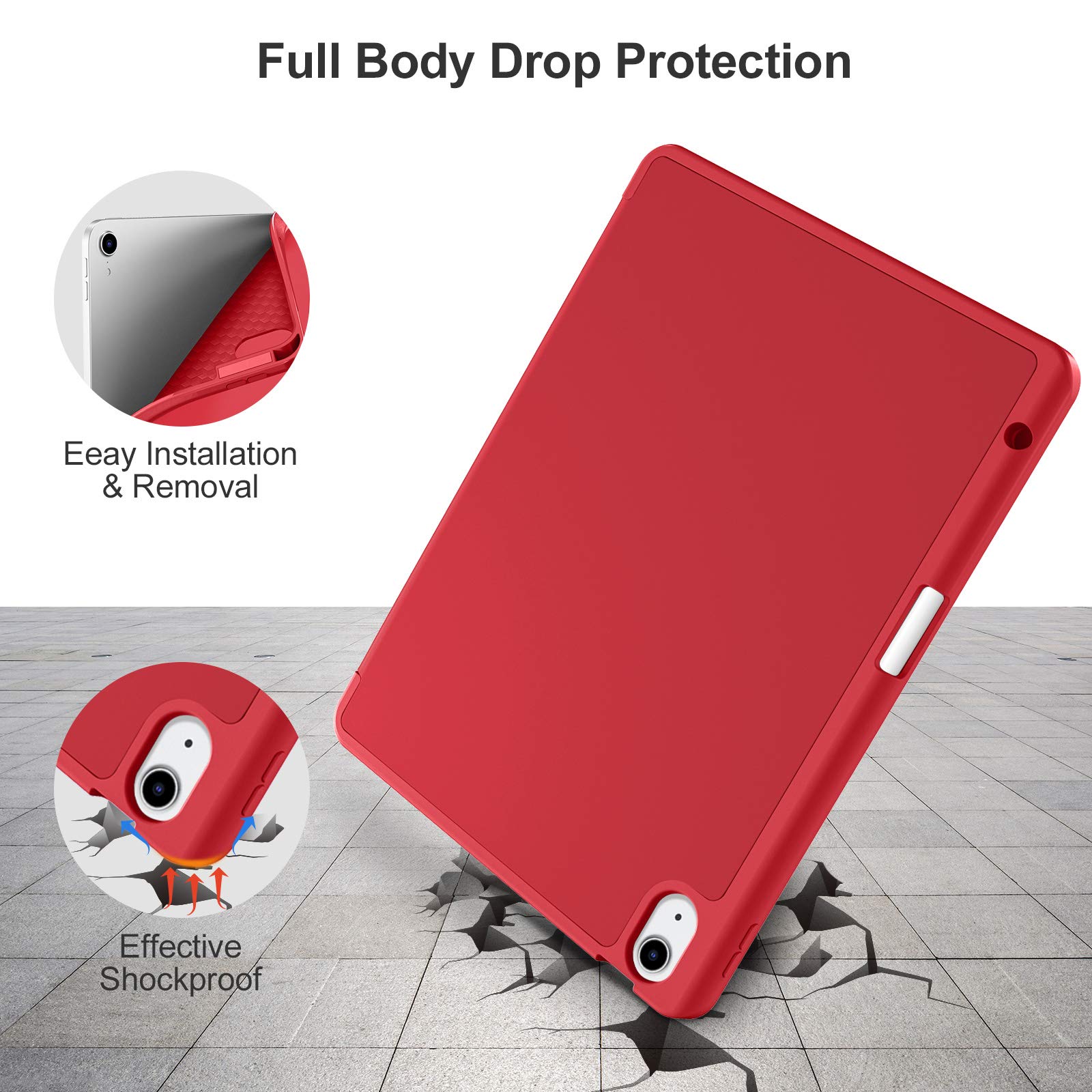 Akkerds iPad Air 6th/5th/4th Generation Case (2024/2022/2020) - 11/10.9 Inch Protective Cover with Pencil Holder & Auto Sleep/Wake | Perfect for Work, School & Travel - Red