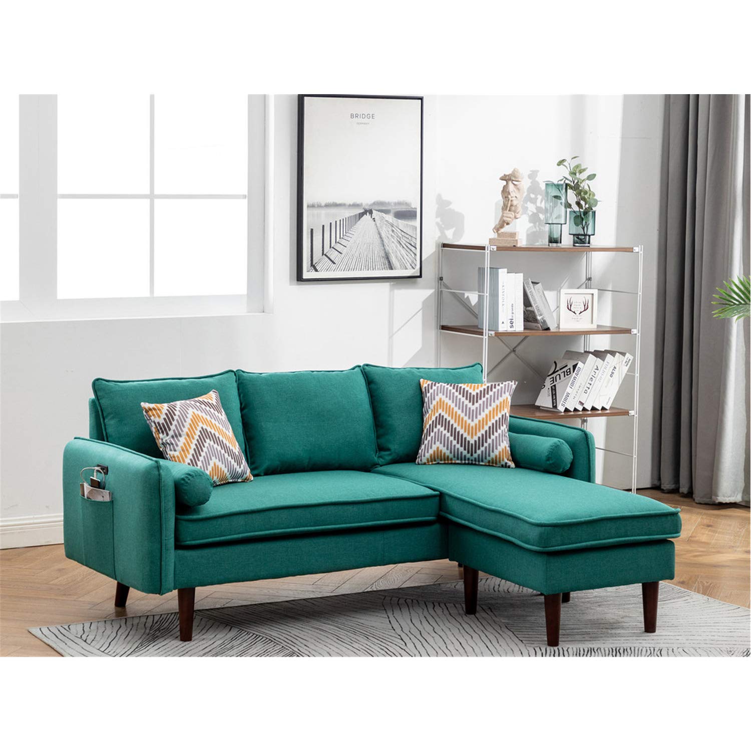 Lilola Home Mia Green Sectional Sofa Chaise with USB Charger & Throw Pillows - Modern L-Shaped Couch for Living Room, Family Room & Small Spaces